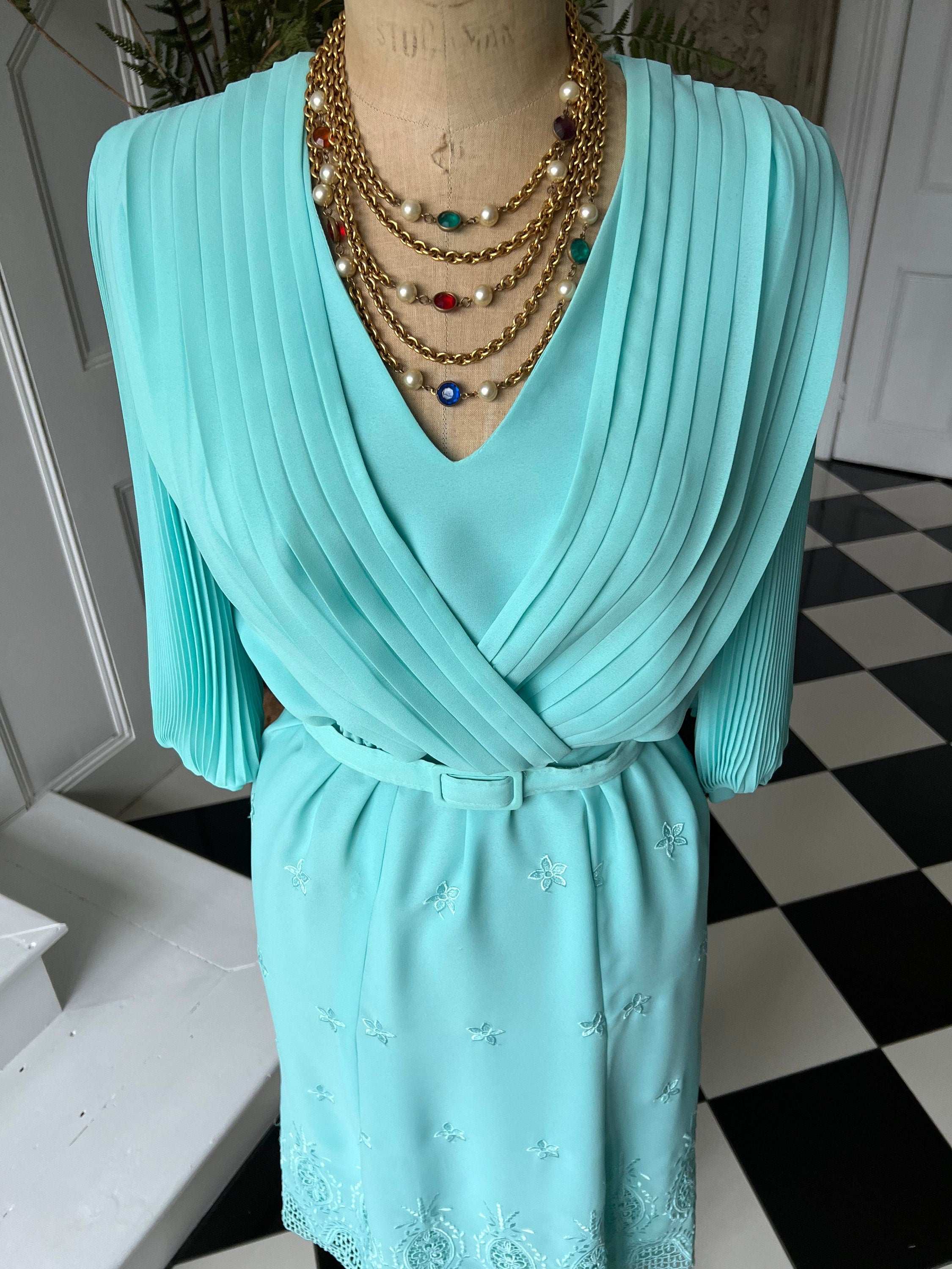 1980s Turquoise Pleated Dress: Vintage Embroidered Hem
