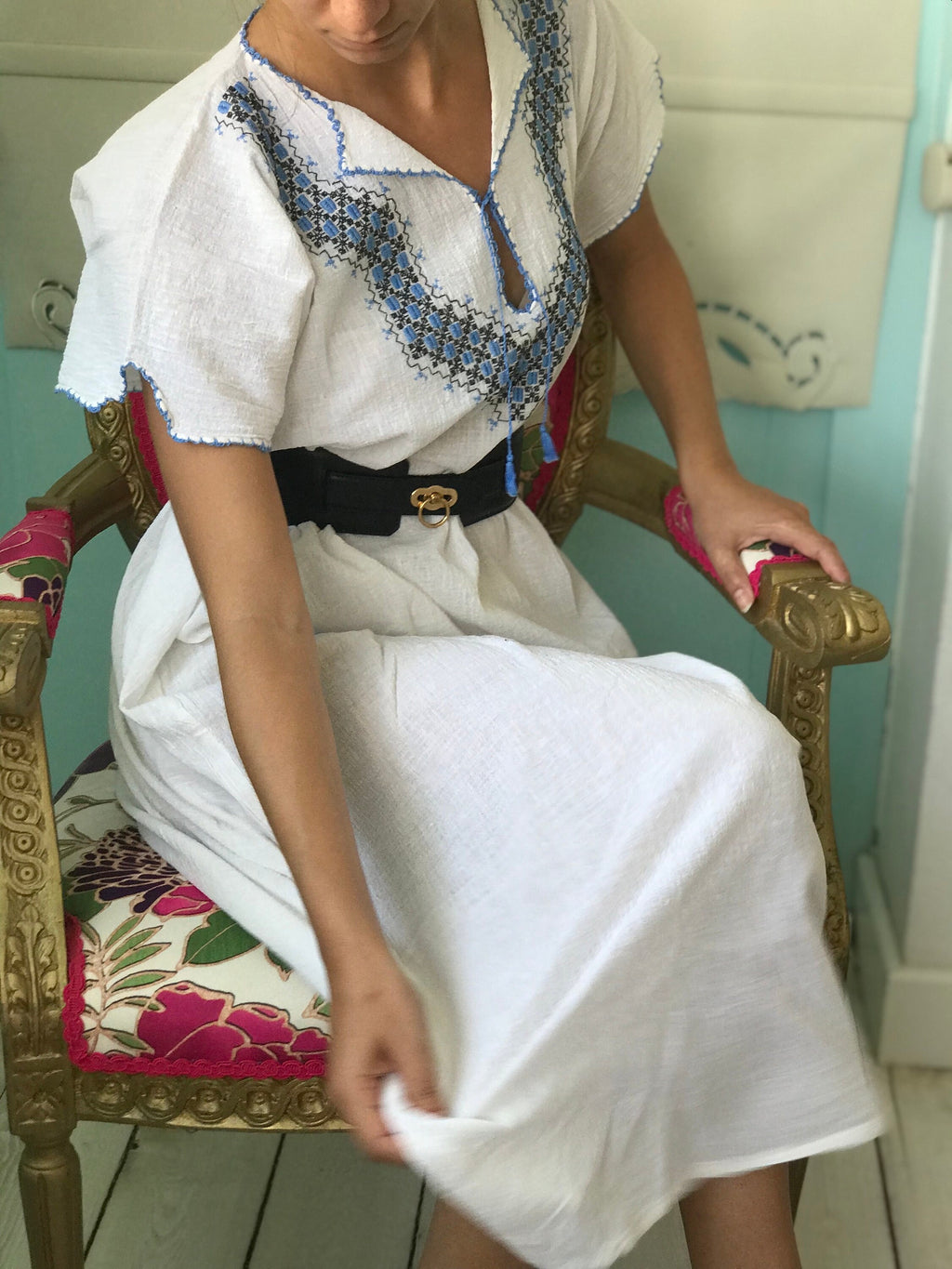 1970s hand loomed boho style  muslin dress with hand embroidered to the front