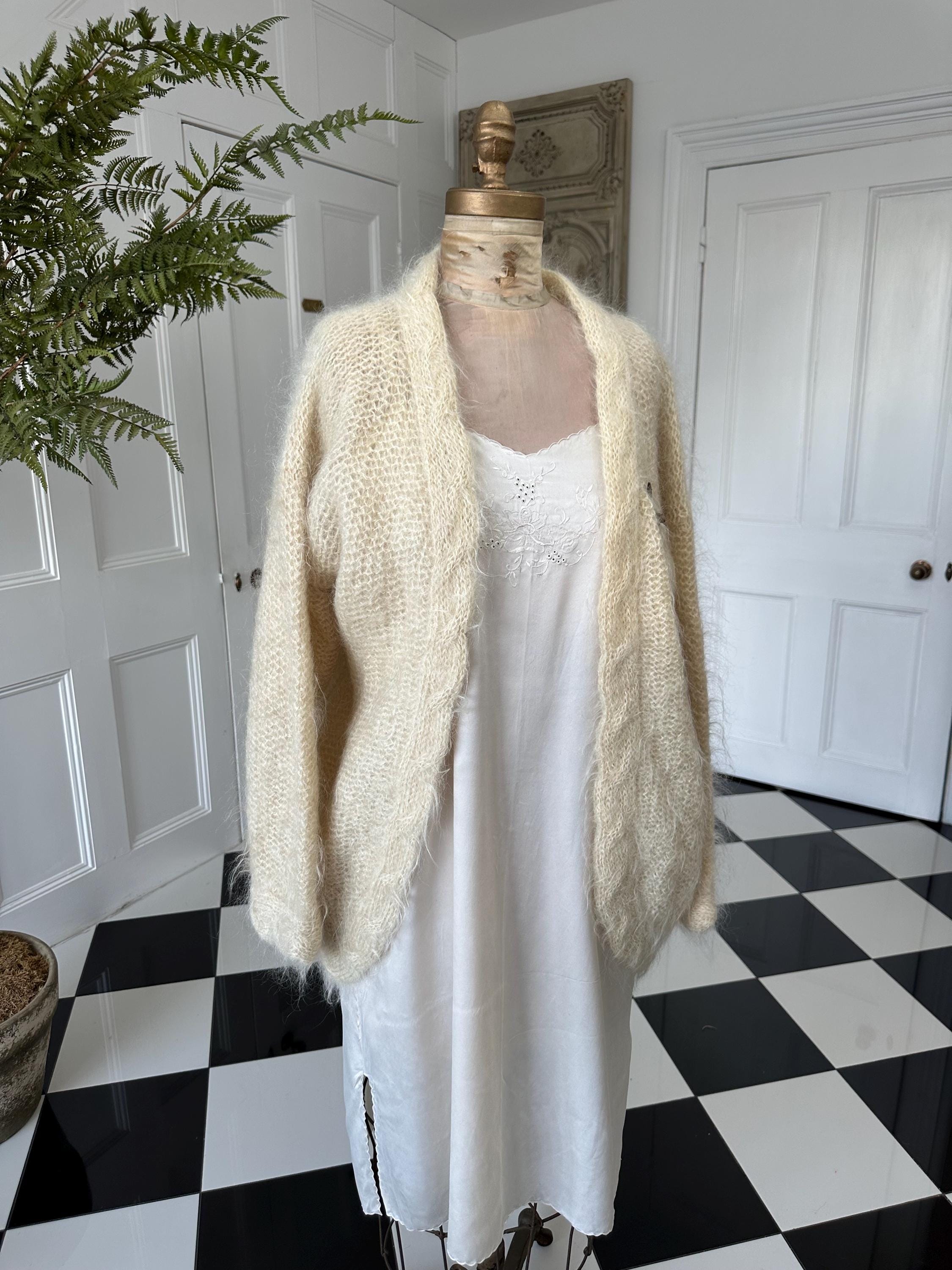 Vintage Hand Knitted mohair cream  Cardigan Cozy Layering Essential