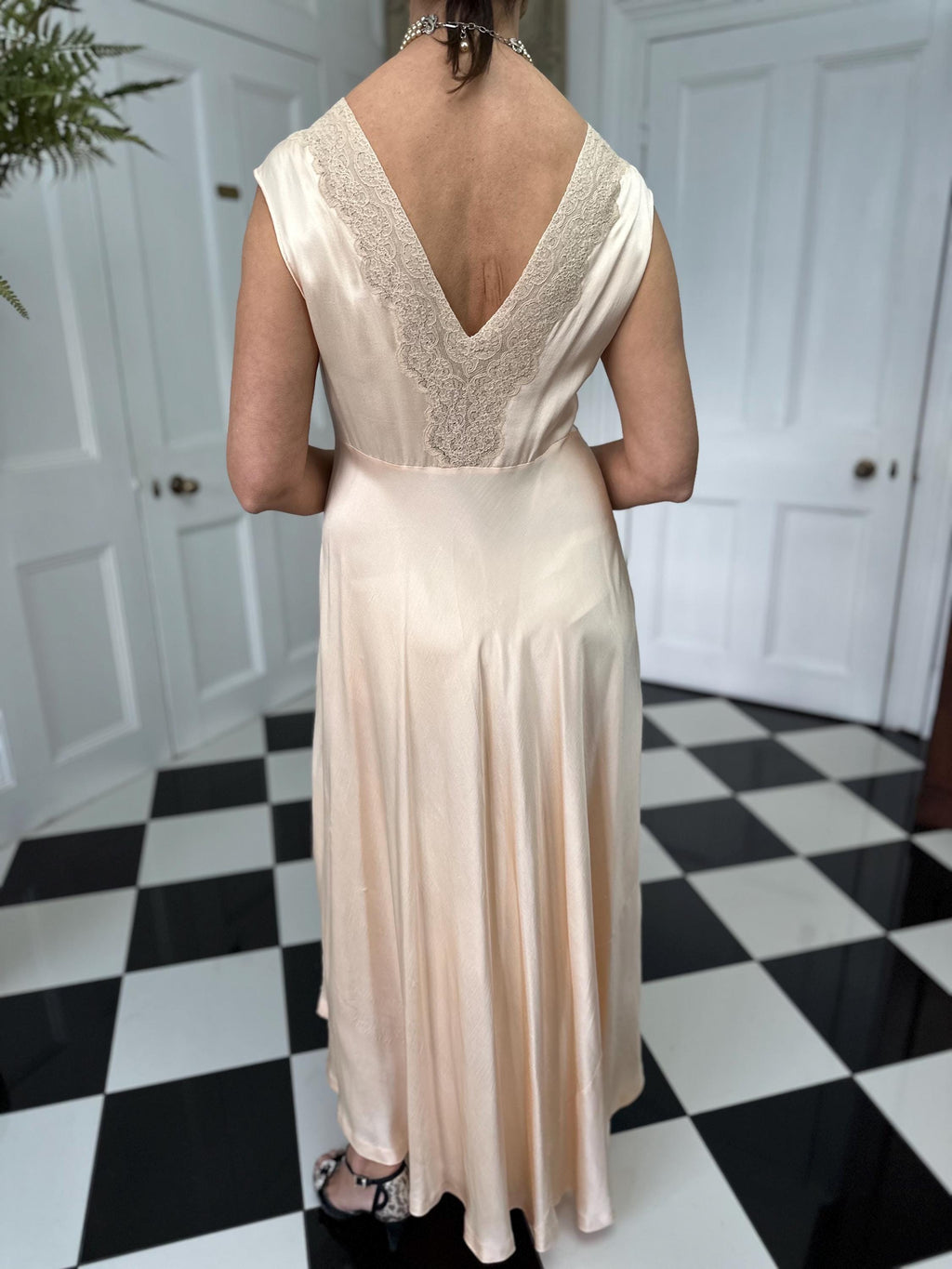 1930s silk and lace long slip dress in peach