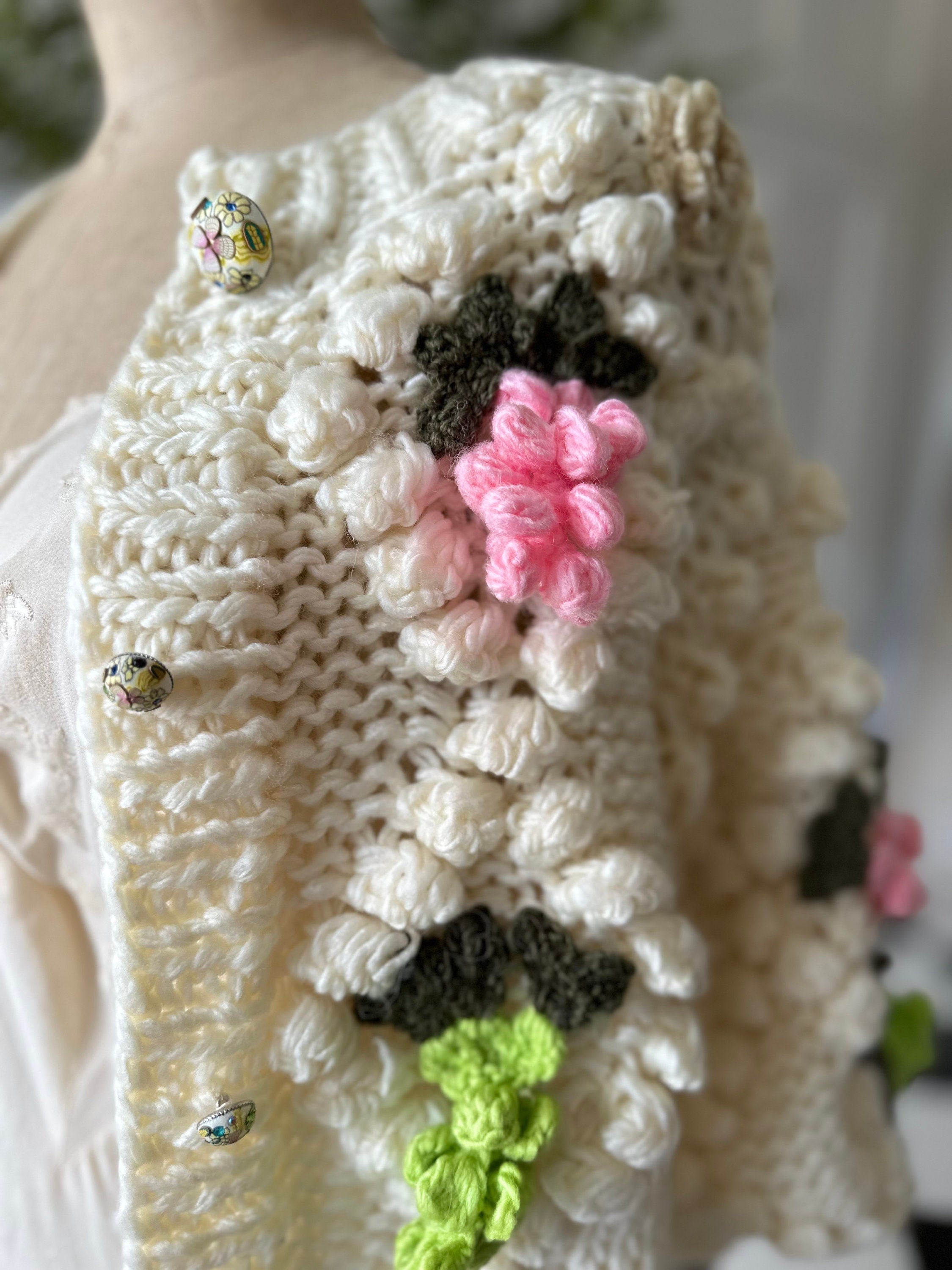 Vintage style hand knitted cream cardigan with grape details