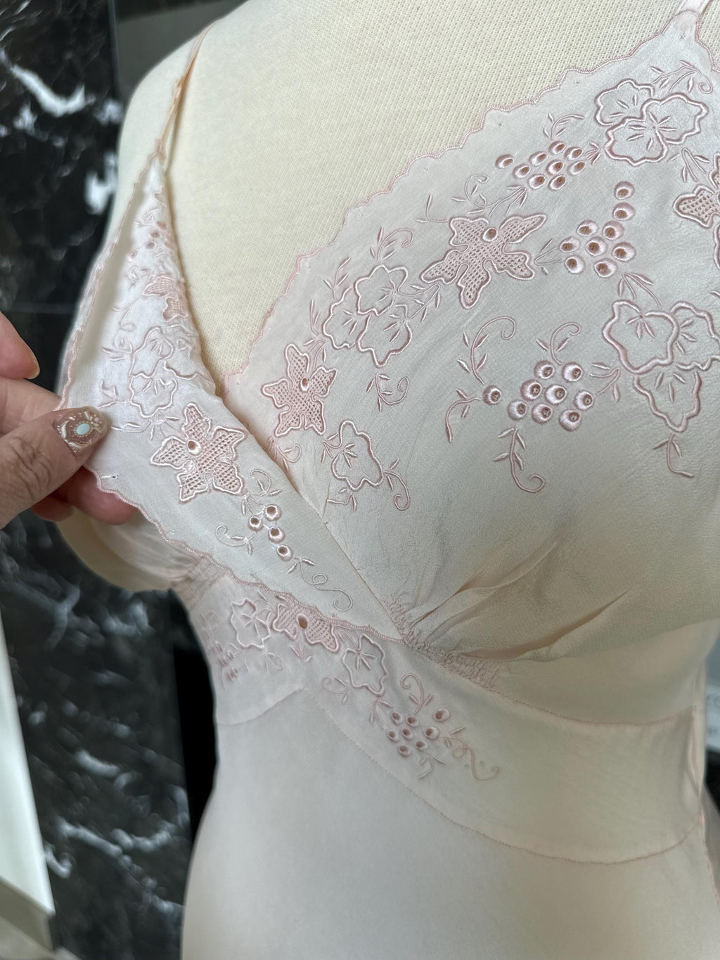 Antique 1930s Pale Pink Silk Slip – Authentic Art Deco Embroidery & Bias Cut