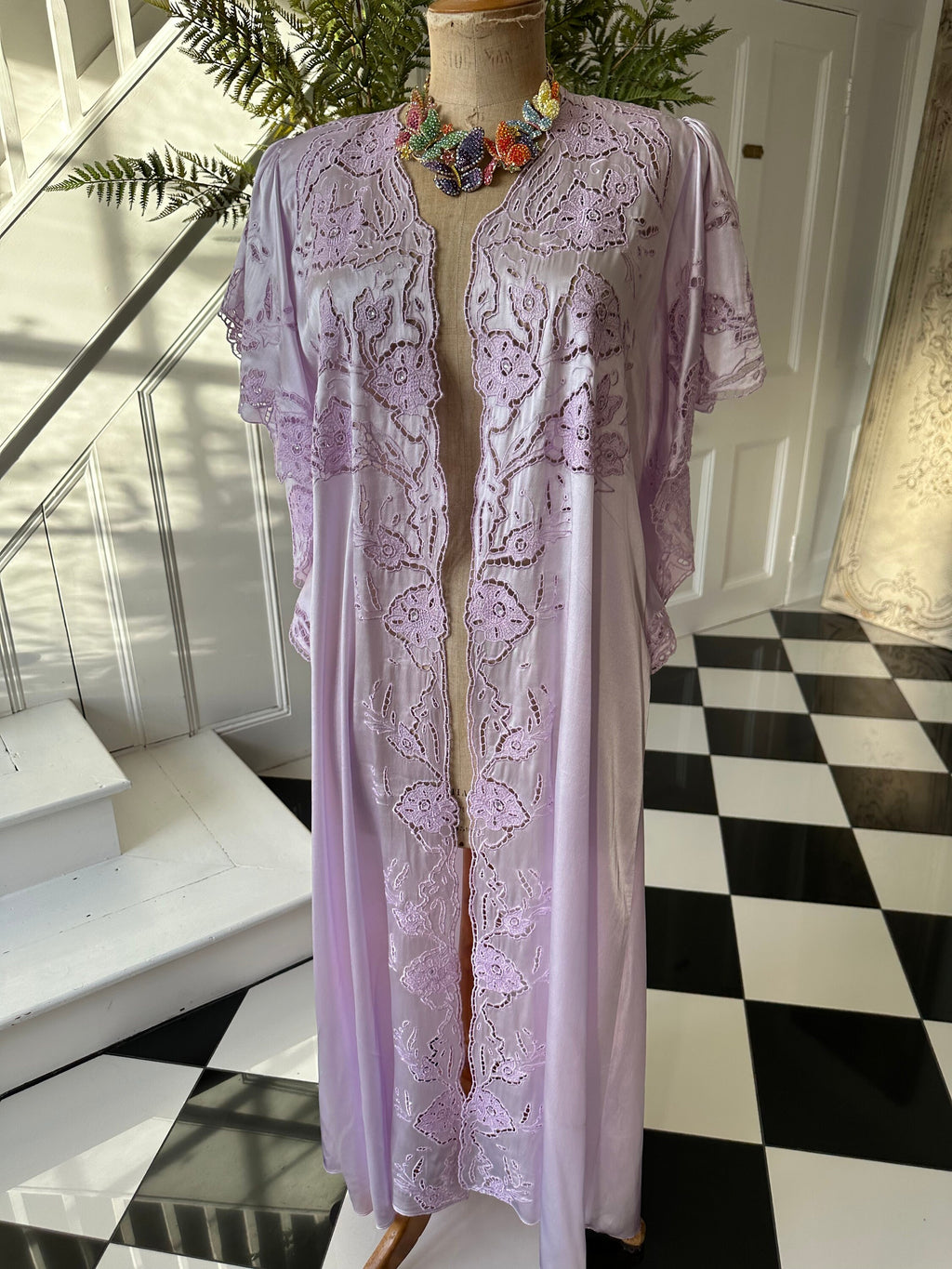 Vintage Lilac Satin Peignoir: 1980s Cutout Lace Robe