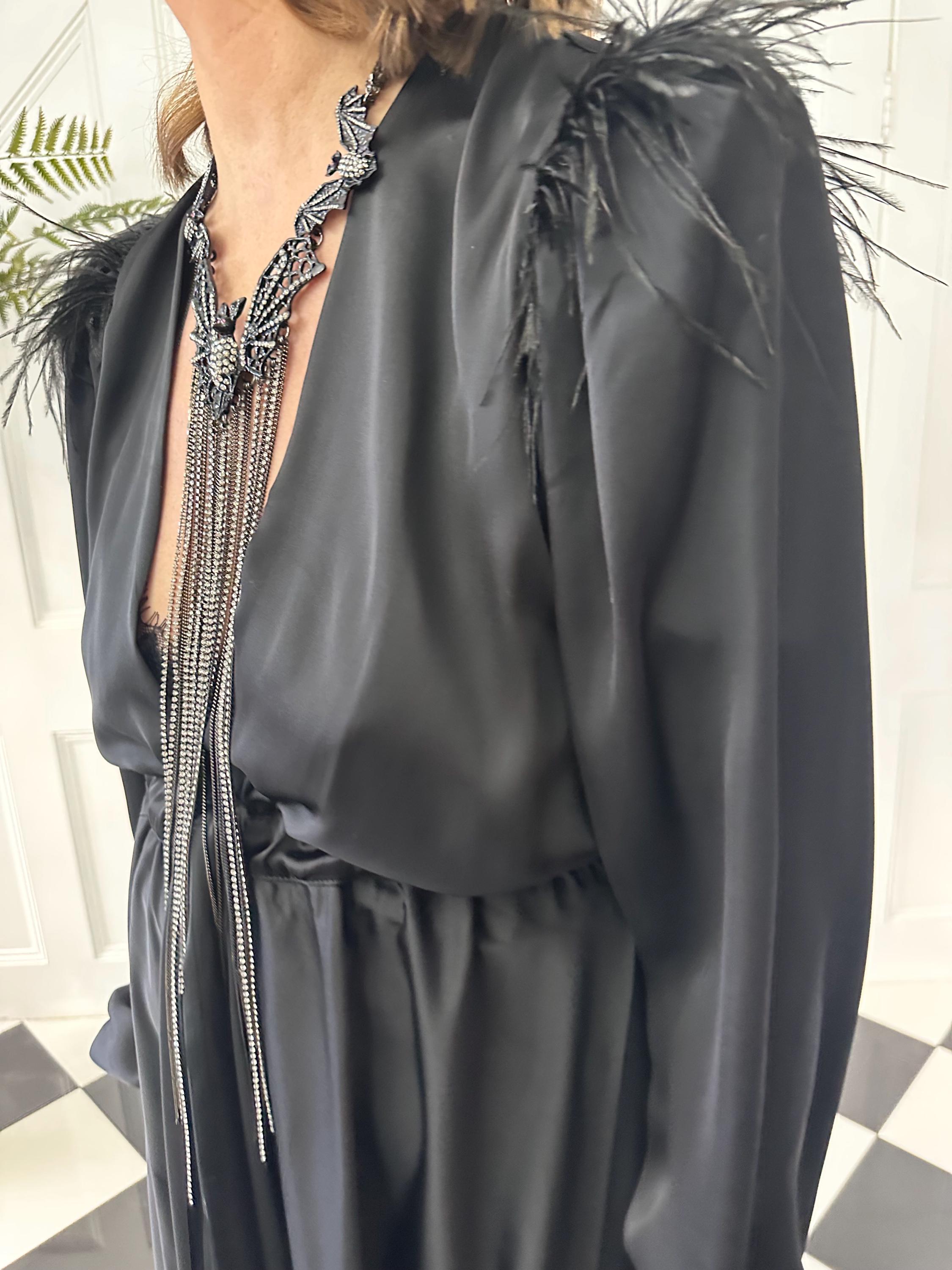 Vintage 1940s style black maxi gown robe with ostrich feather