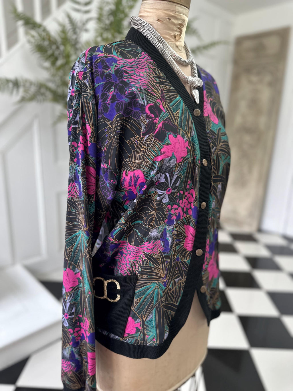 1980s Black Blouse Cardigan with Tropical Pattern