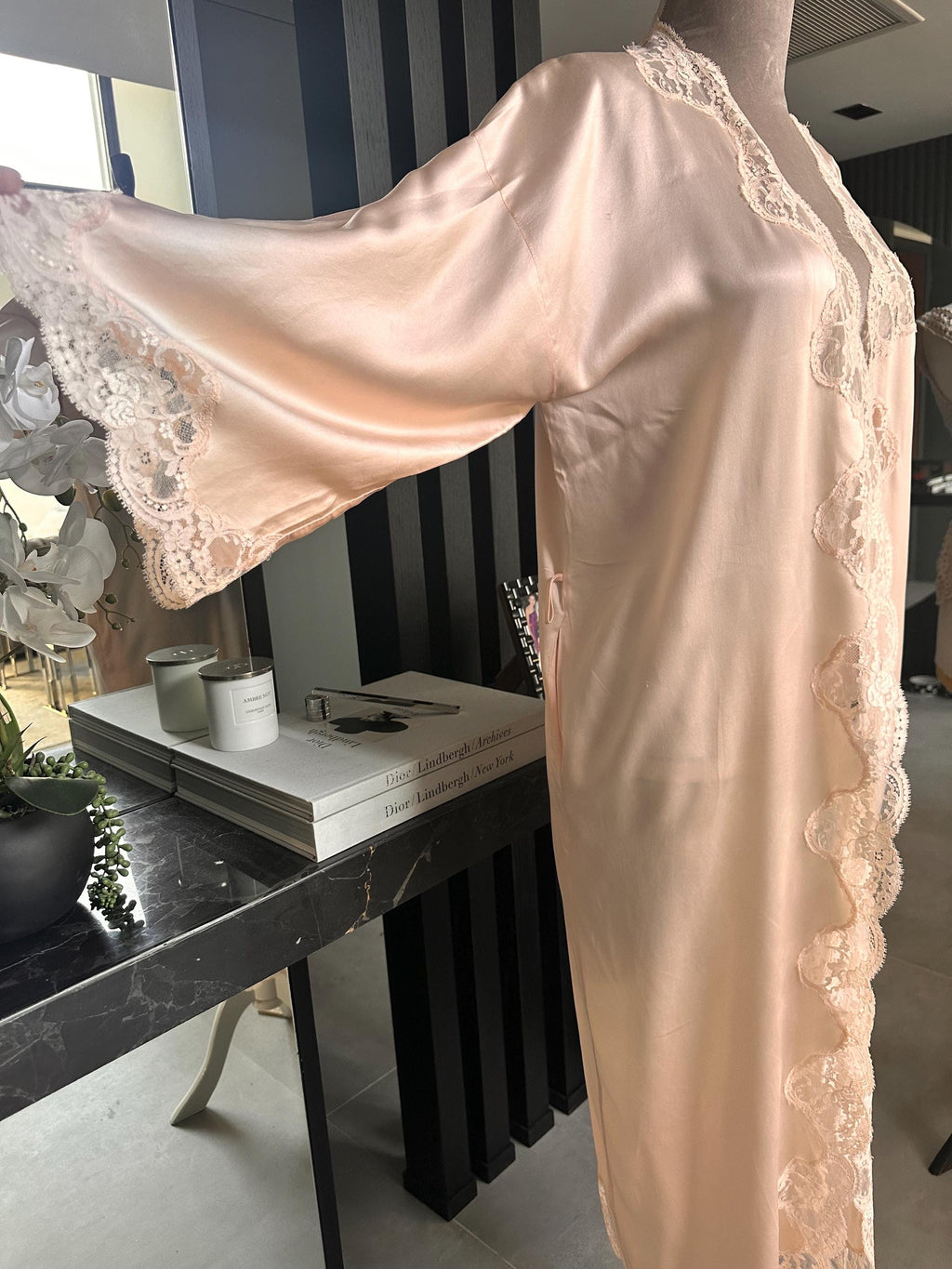 Pure Silk Lace Robe – Champagne Bridal Kimono, Embroidered Nightwear