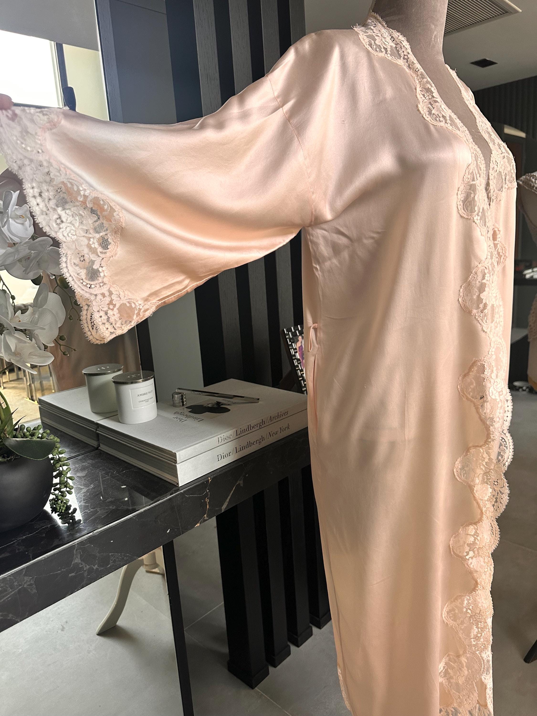 Pure Silk Lace Robe – Champagne Bridal Kimono, Embroidered Nightwear