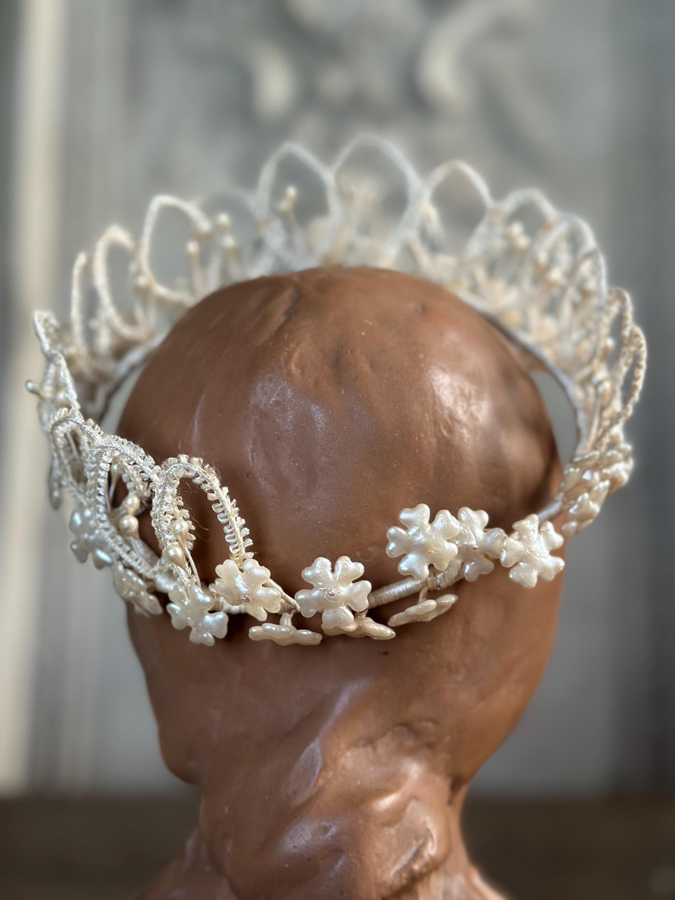 Antique 1950s  Floral Wax with ribbon tiara crown
