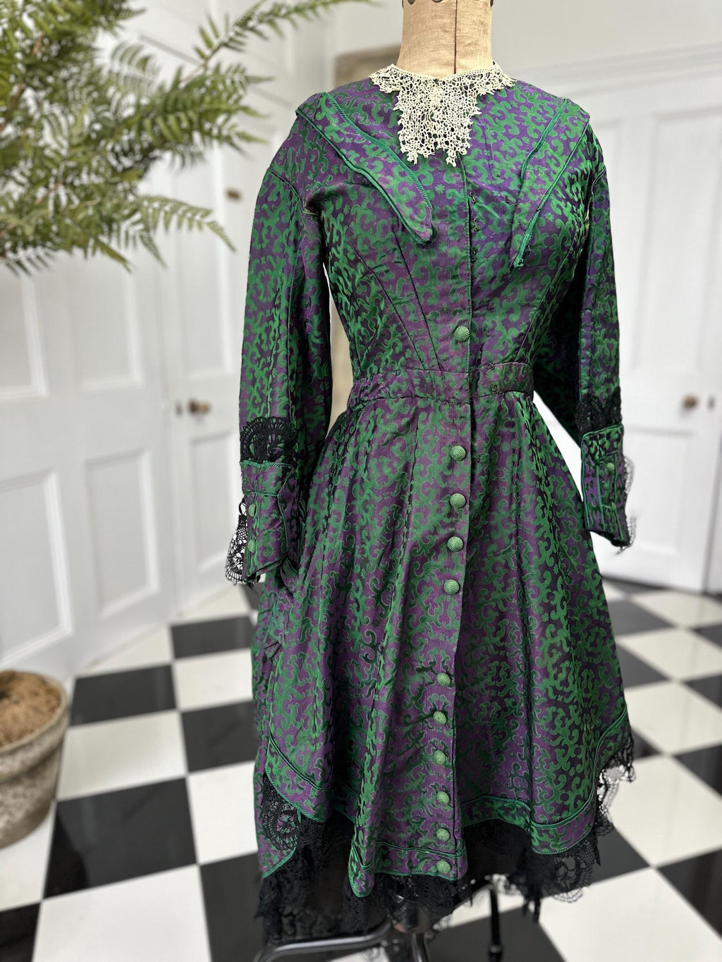 Victorian coat Long Back Short Front with Bobbin Lace Trimming and Bows