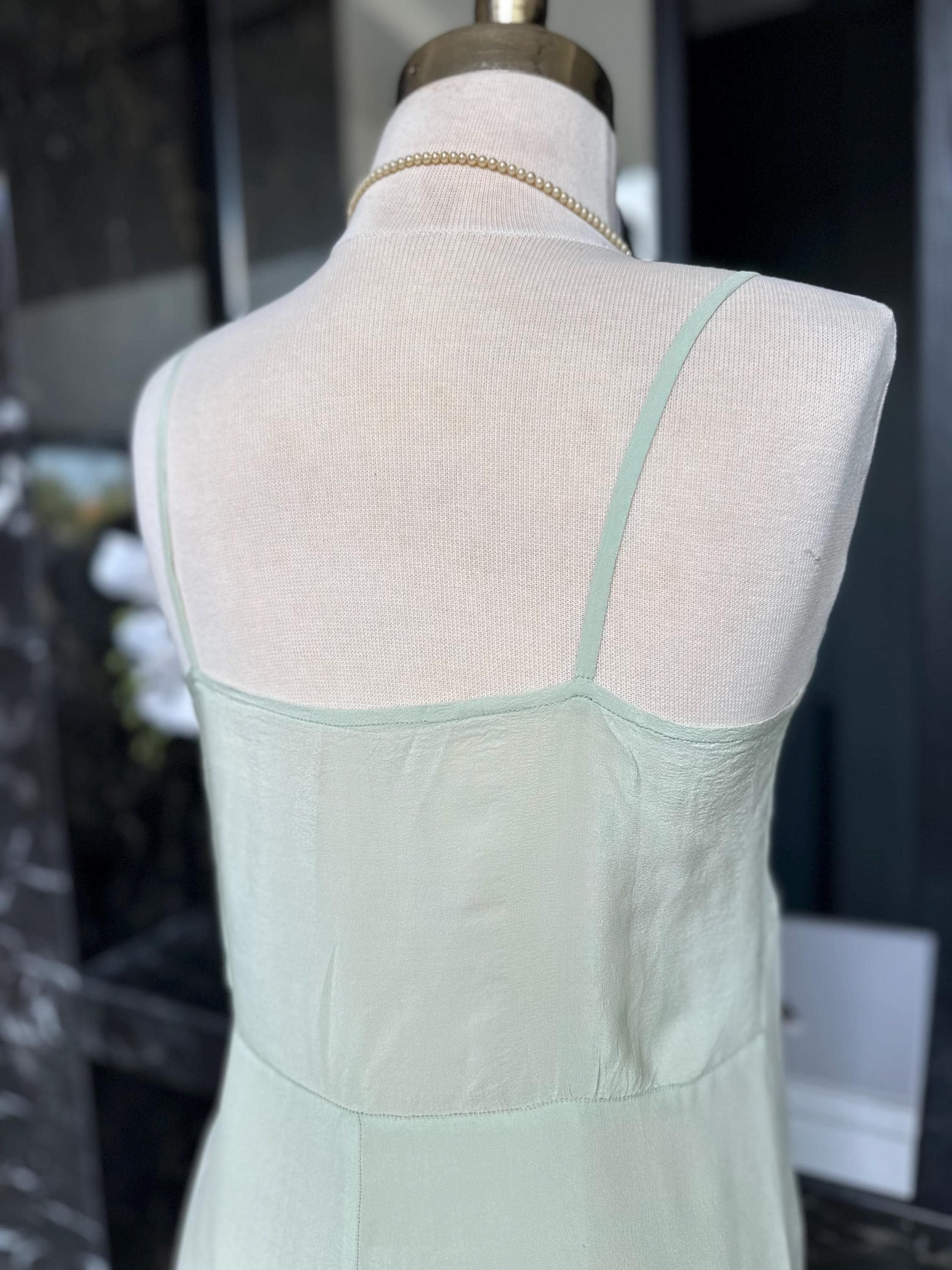 Antique 1930s Mint Green Silk Slip – Authentic Lace Inset Bias-Cut Dress