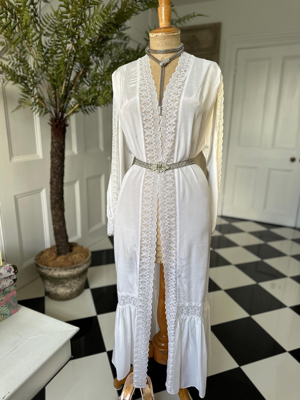 1970s Silky white long gown with lace details