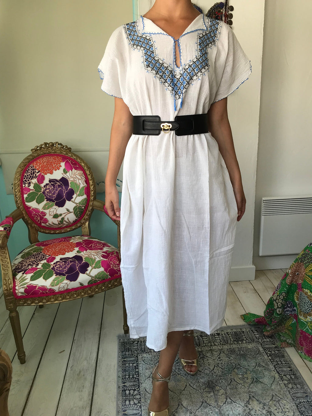 1970s hand loomed boho style  muslin dress with hand embroidered to the front