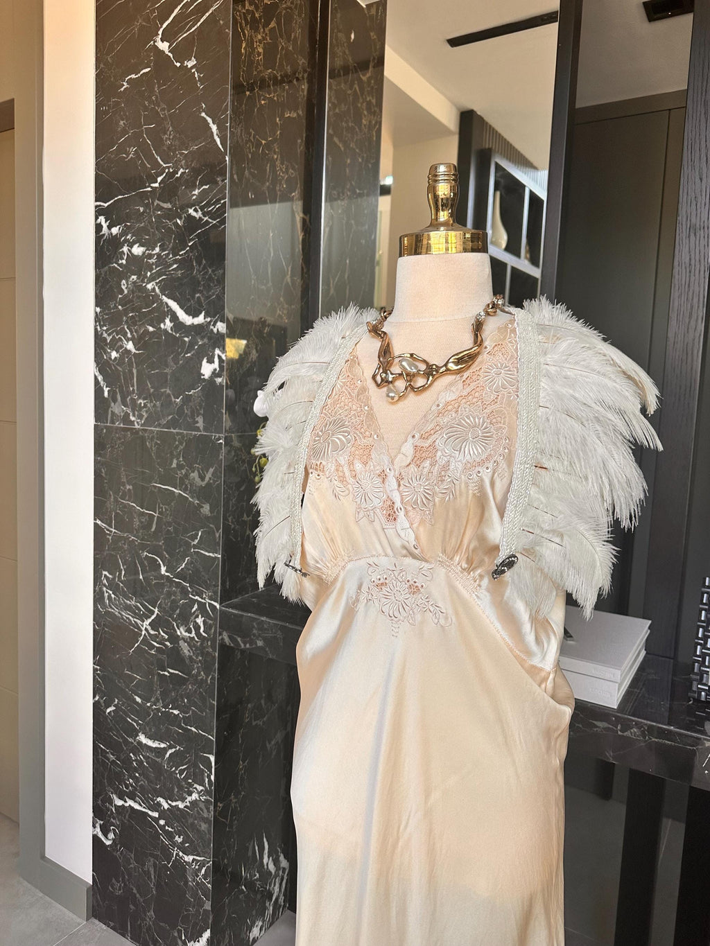 1920s 1930s vintage style feather cape with embellished in cream white  cape shawl