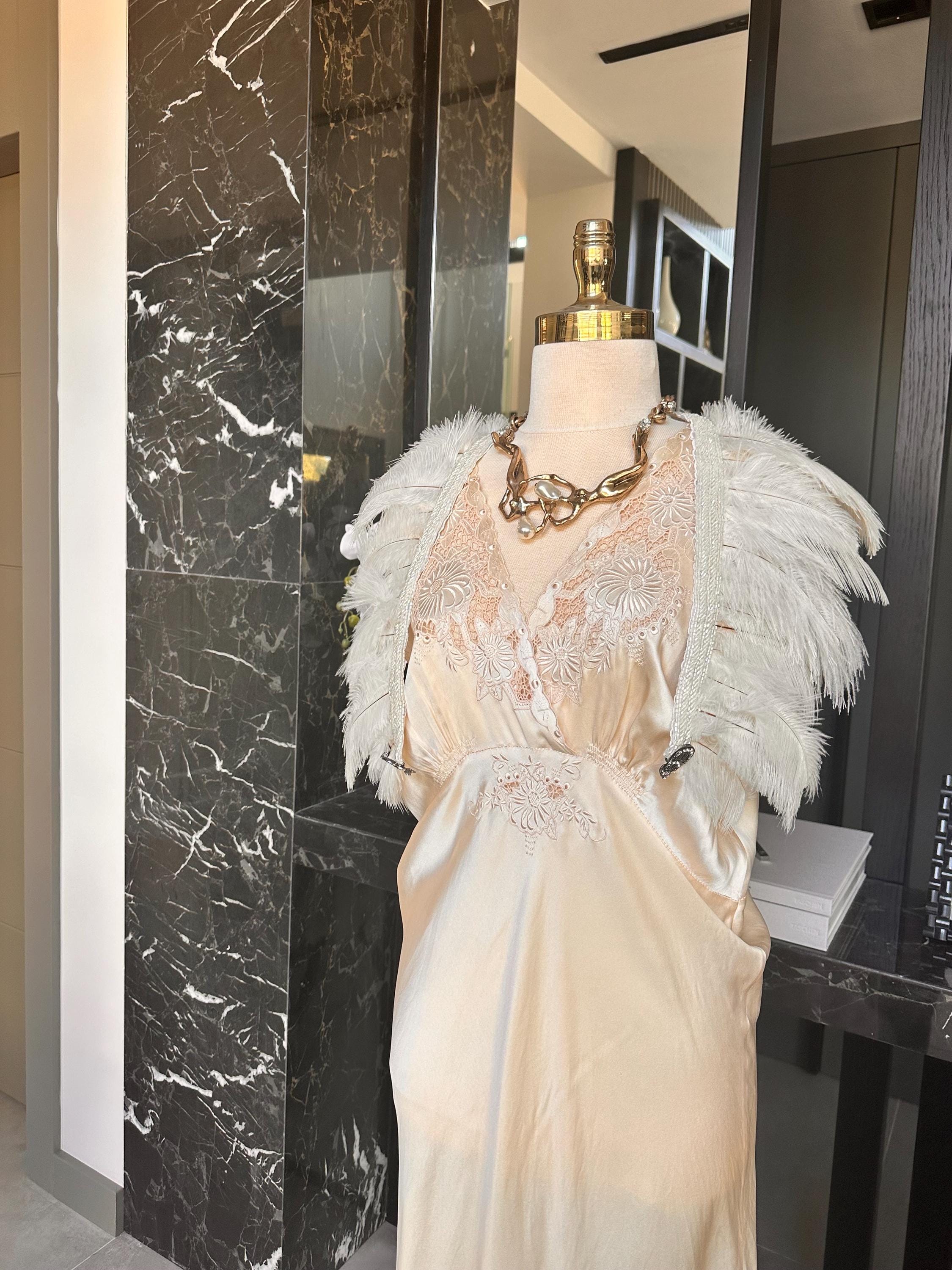 1920s 1930s vintage style feather cape with embellished in cream white  cape shawl