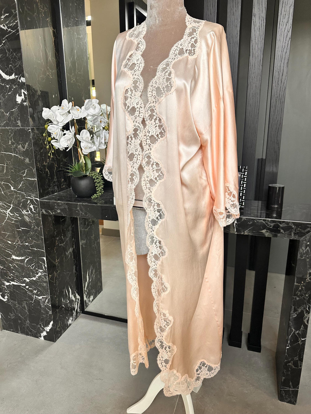 Pure Silk Lace Robe – Champagne Bridal Kimono, Embroidered Nightwear