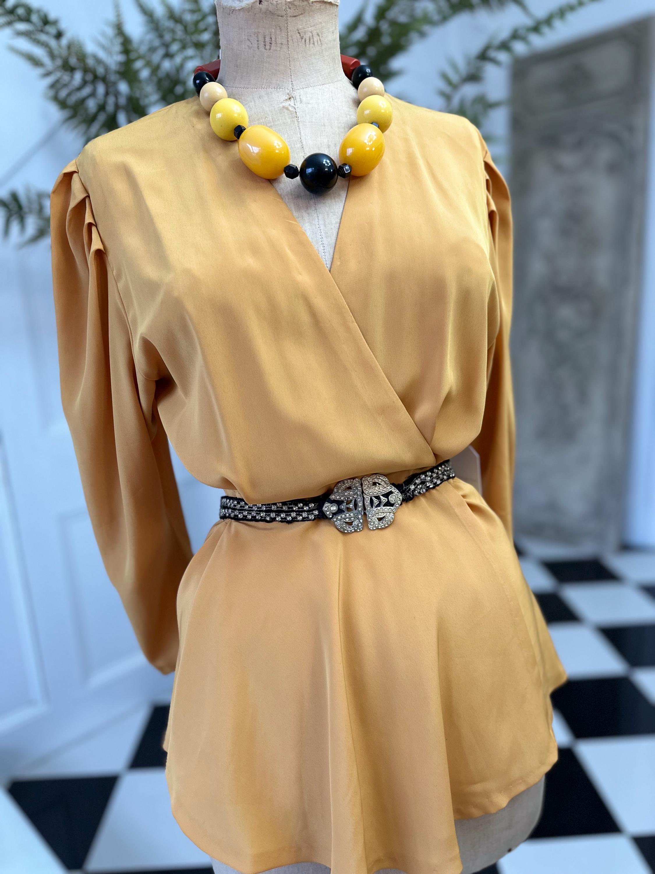 Vintage 1980s silk long sleeve wrap blouse in mustard