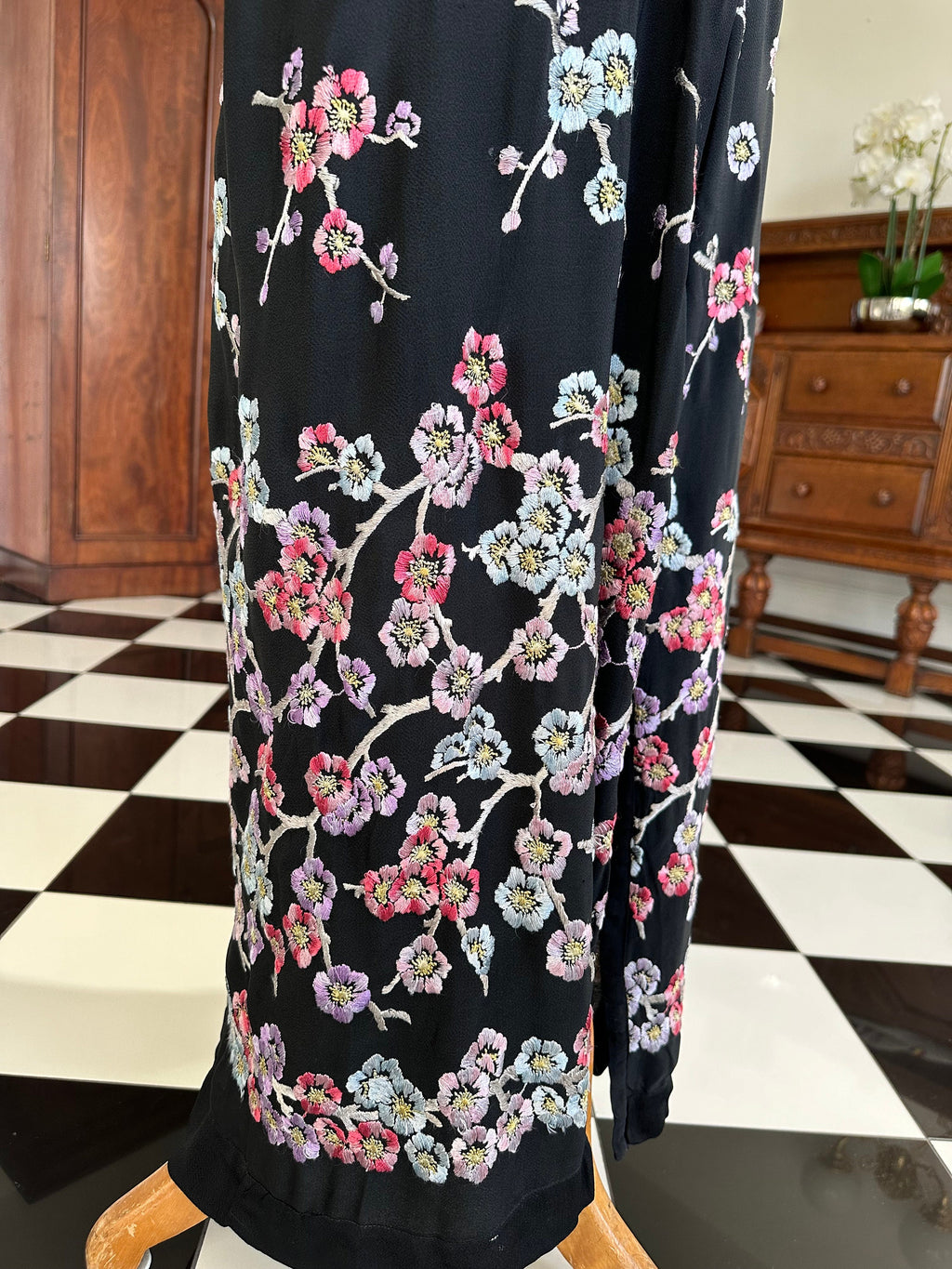 1930s black kimono with pastel colour silk flowers embroidery
