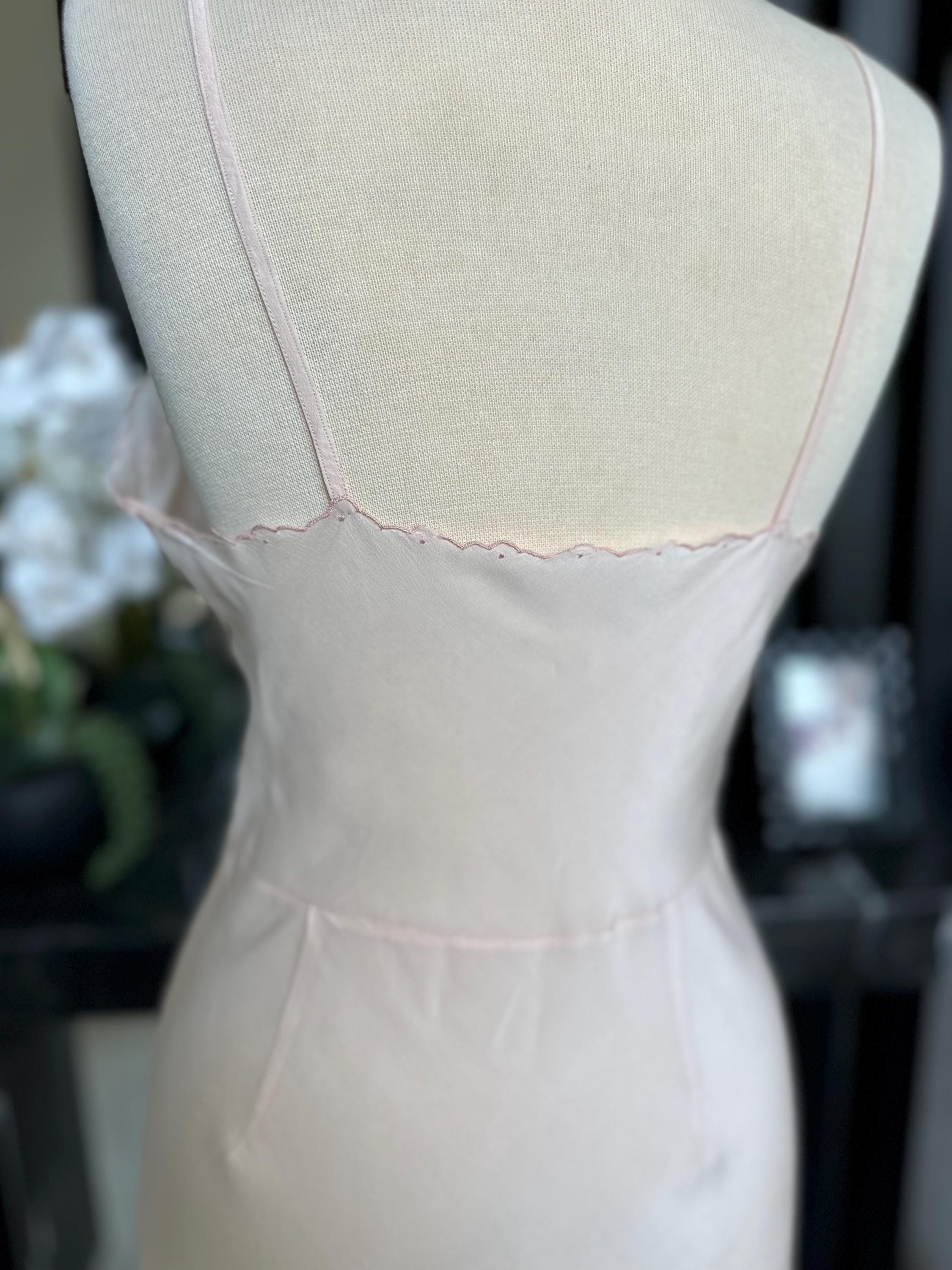 Antique 1930s Pale Pink Silk Slip – Authentic Art Deco Embroidery & Bias Cut