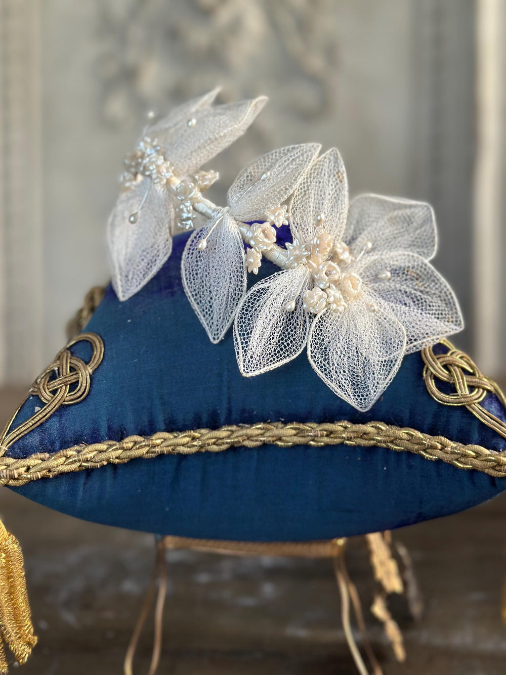 Antique 1940s  Floral Wax Tiara with tulle