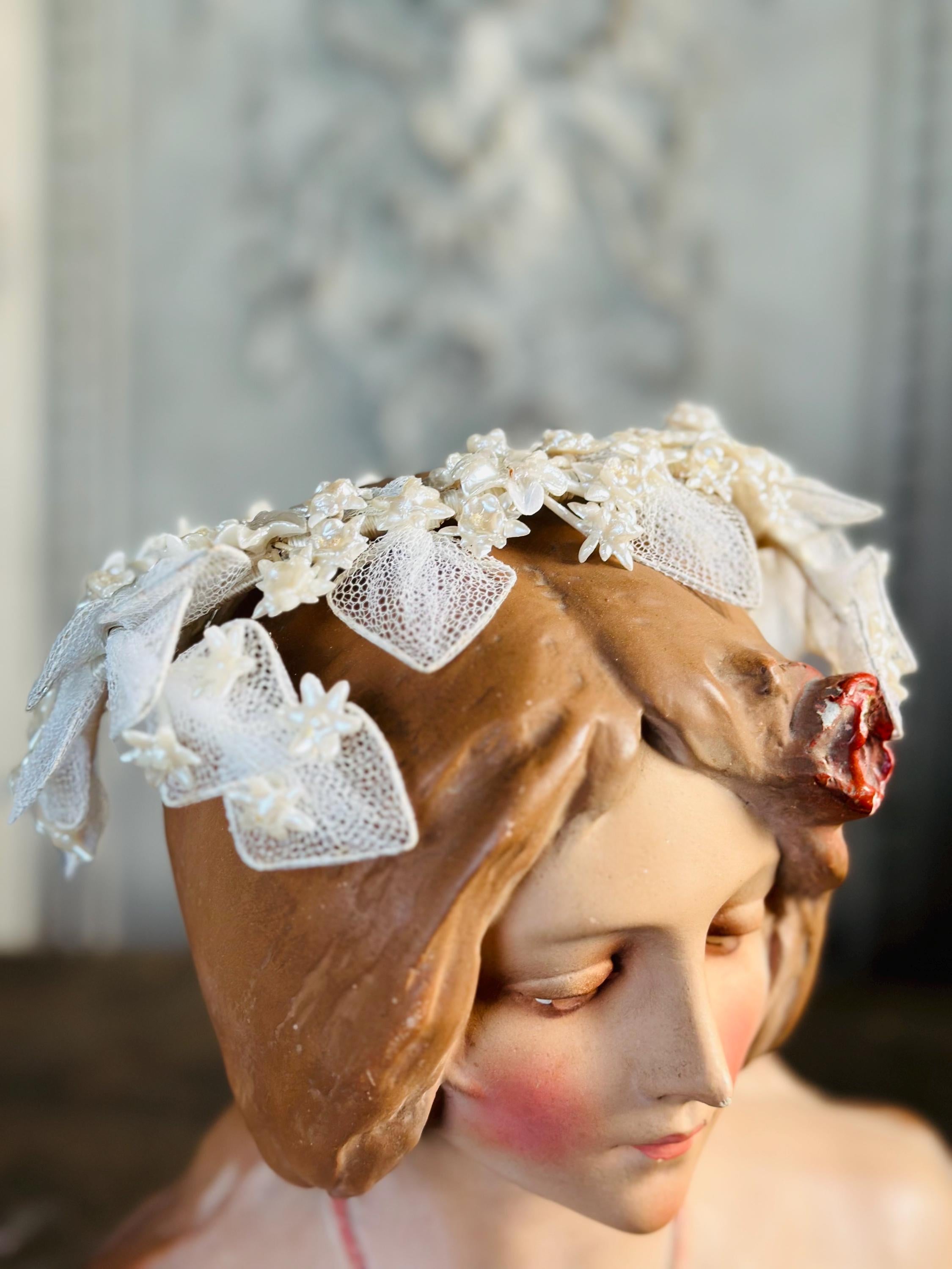 Antique 1940s  Floral Wax Tiara with tulle