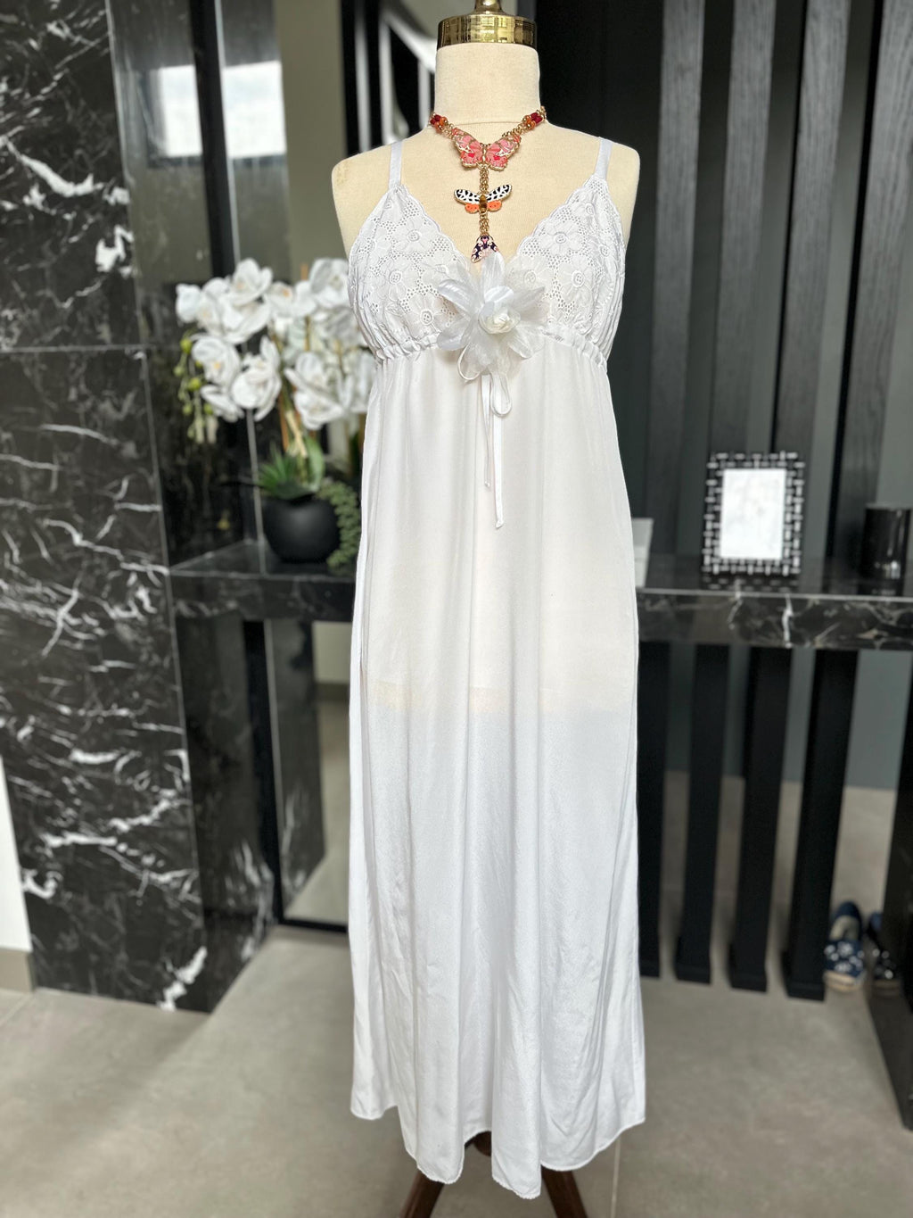 1970s white long satin slip dress with embroidery to the front.