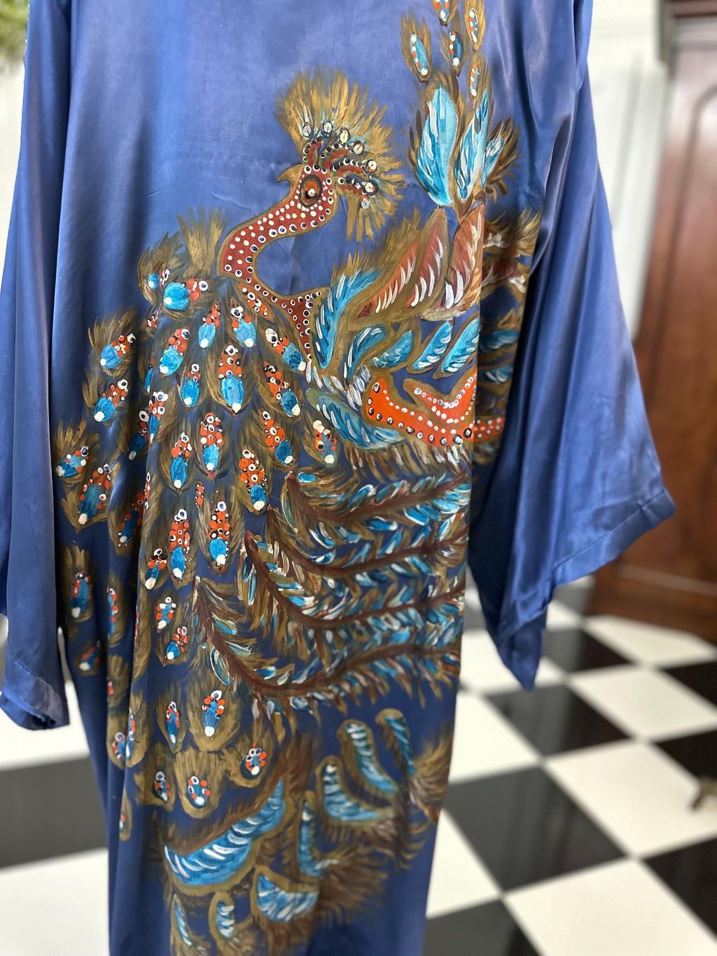 1970 Blue satin hand painted peacock design