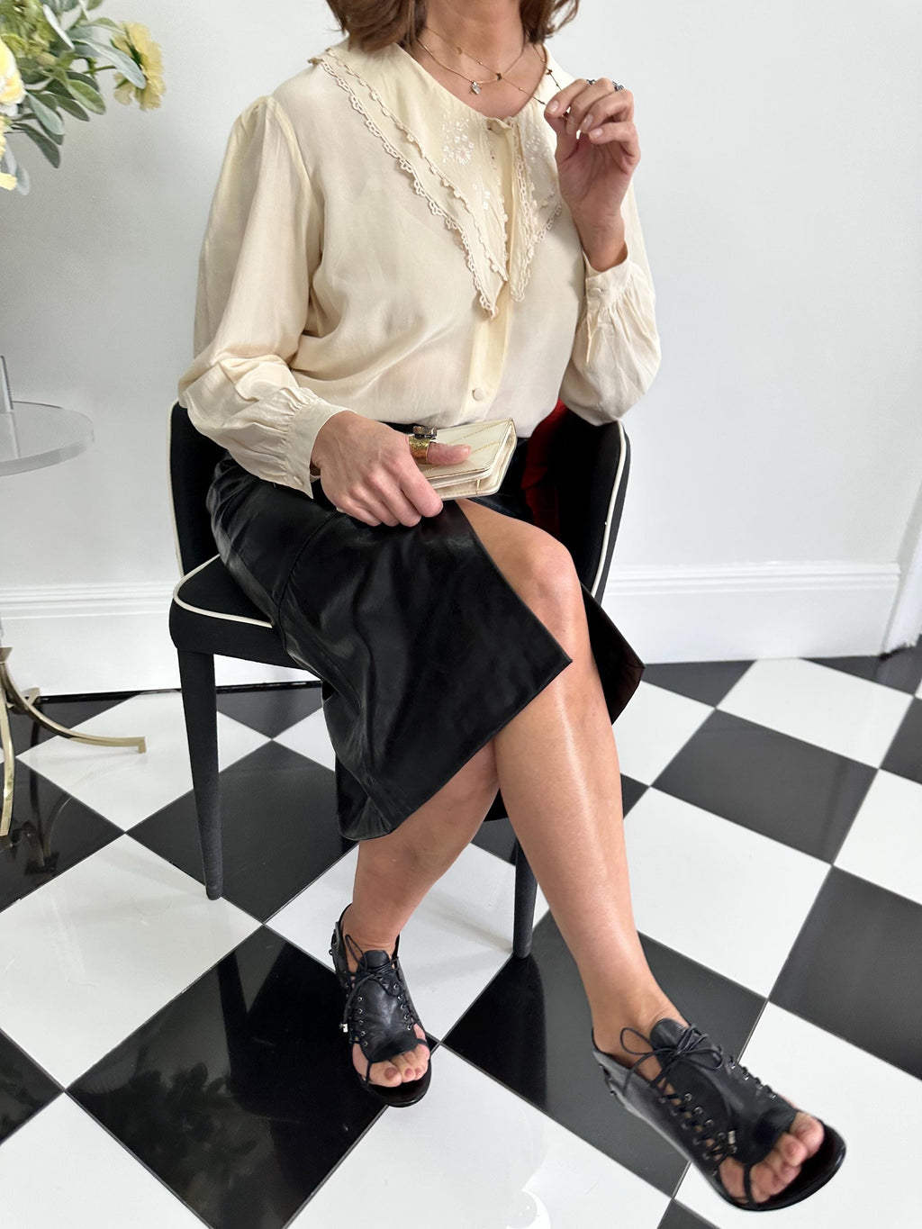 Vintage cream silk blouse with hand embroidery detail
