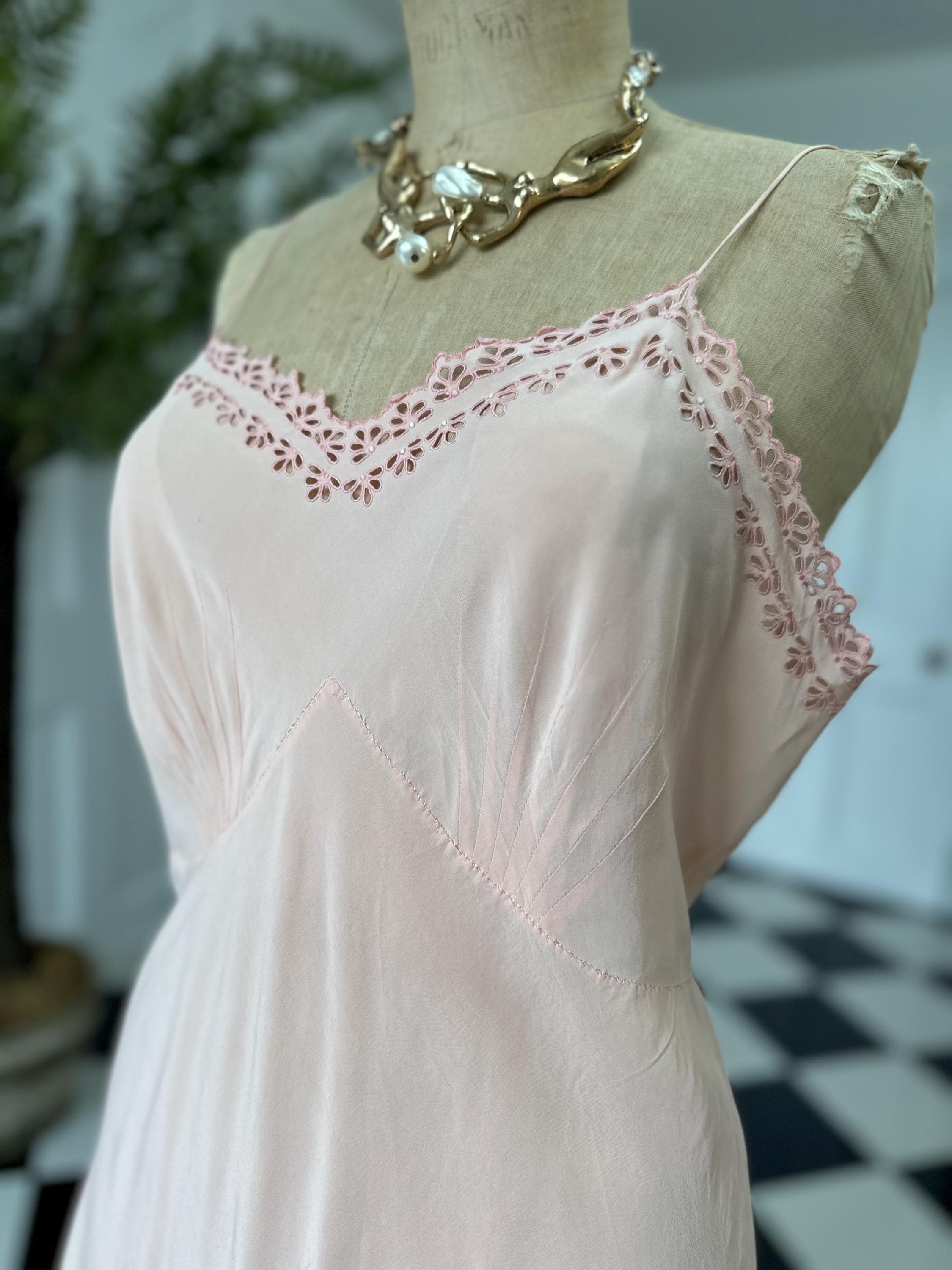1930 silk slip dress with cutout lace details
