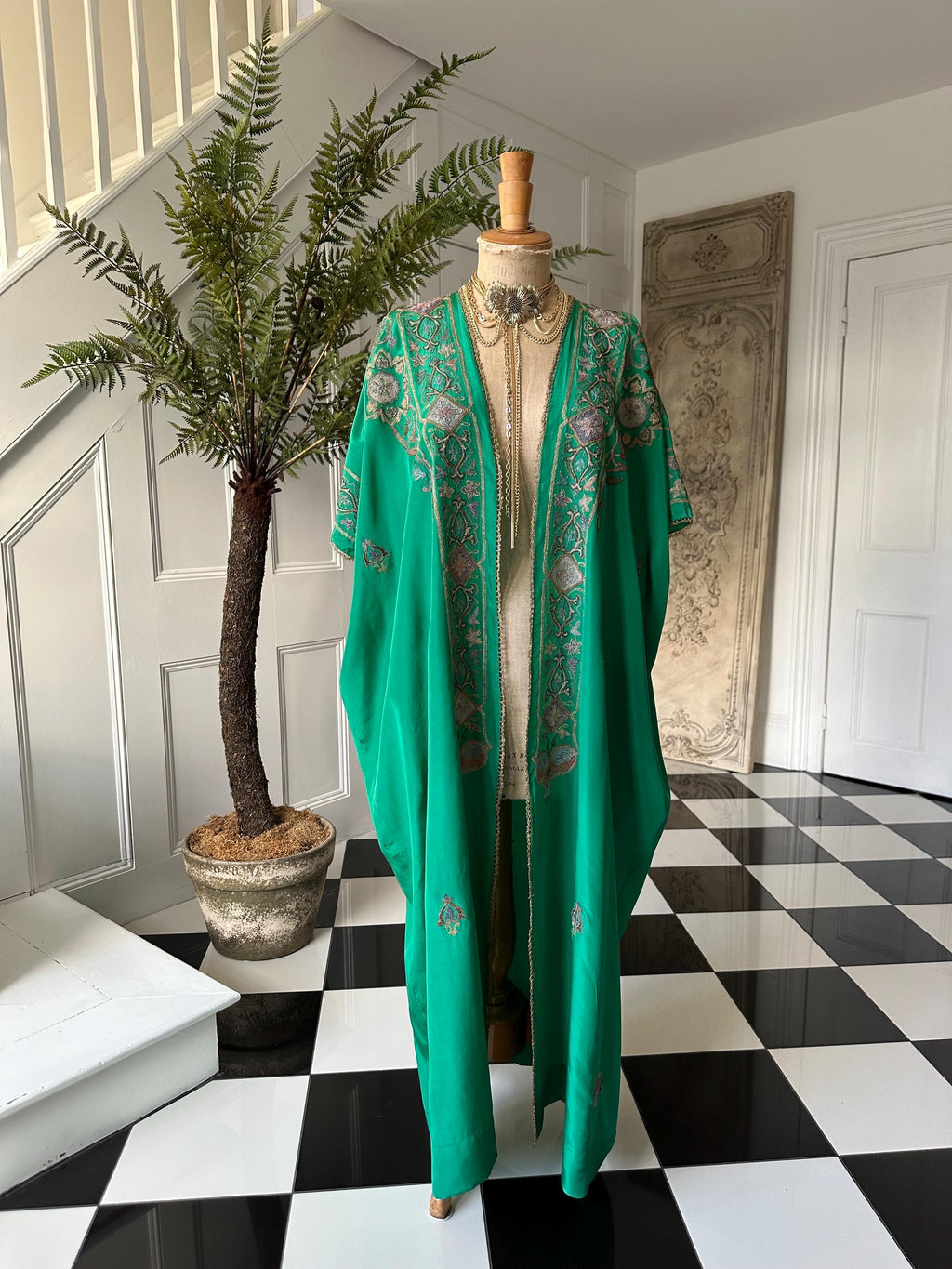 Antique Ottoman Silk Kaftan: 19th Century Emerald Green Embroidered Robe