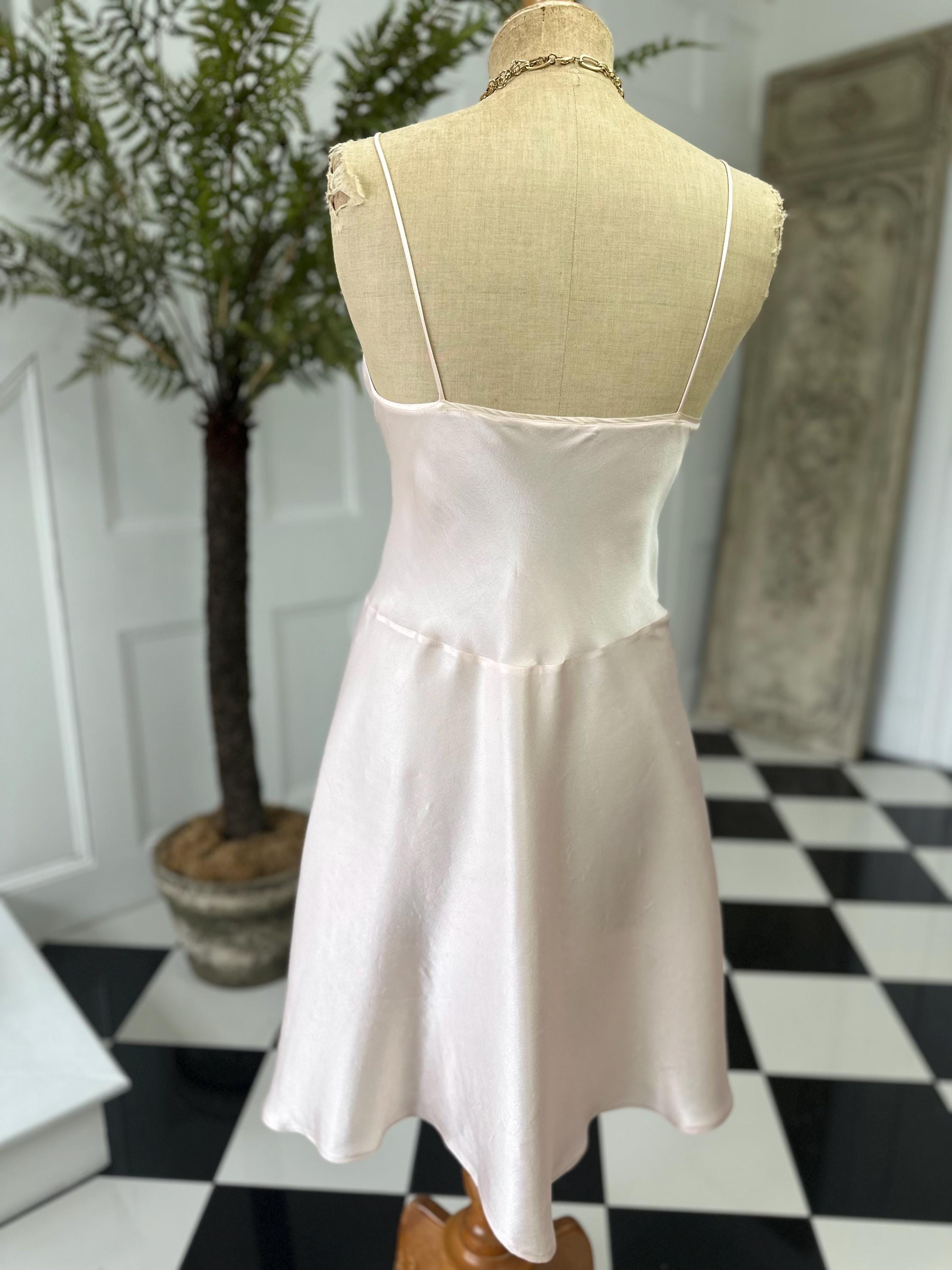 Vintage Pink Mini Silk Slip with Lace - Sexy Front Split with thin Straps