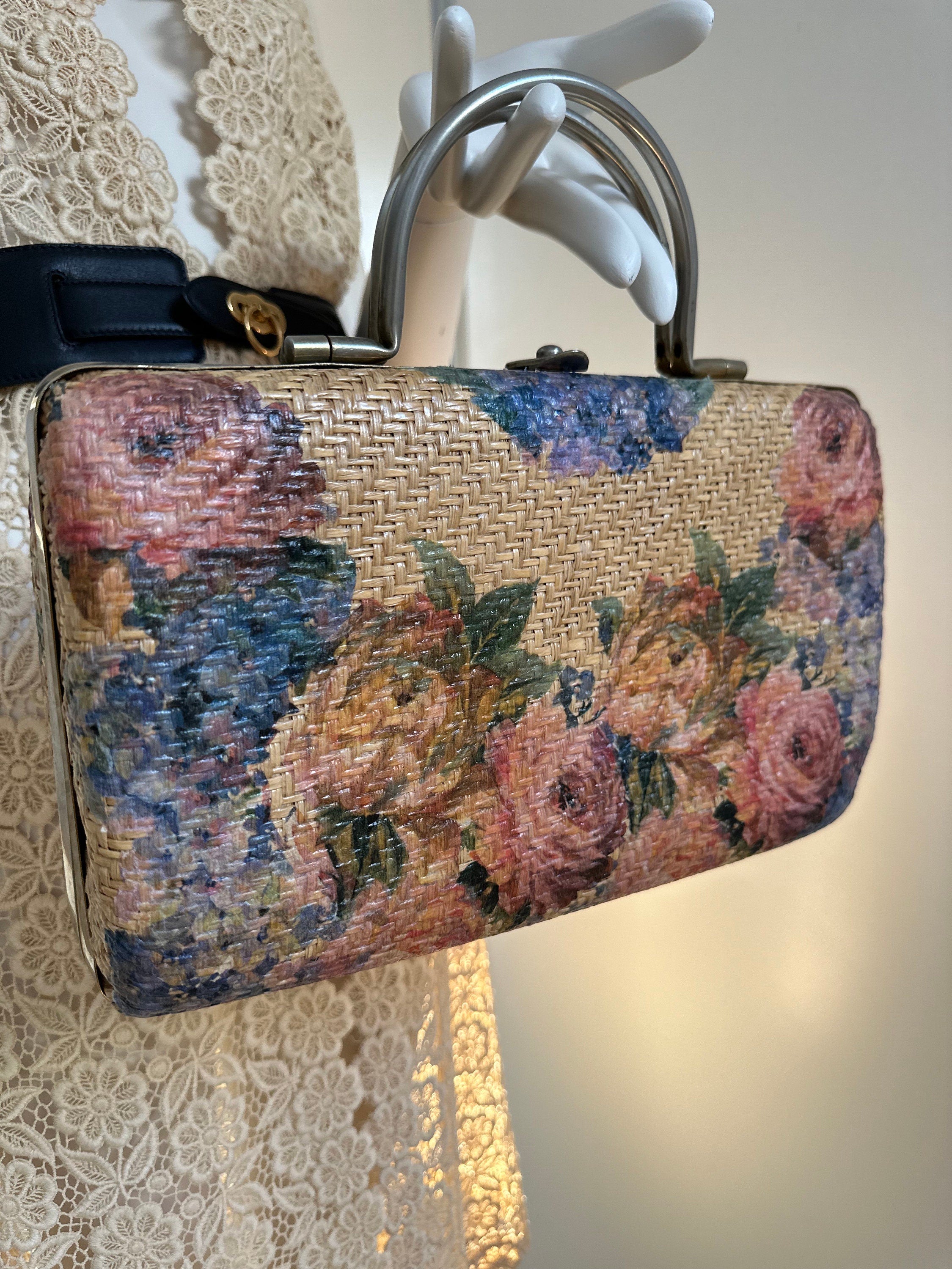 Boho 1970s hessian handbag with floral design