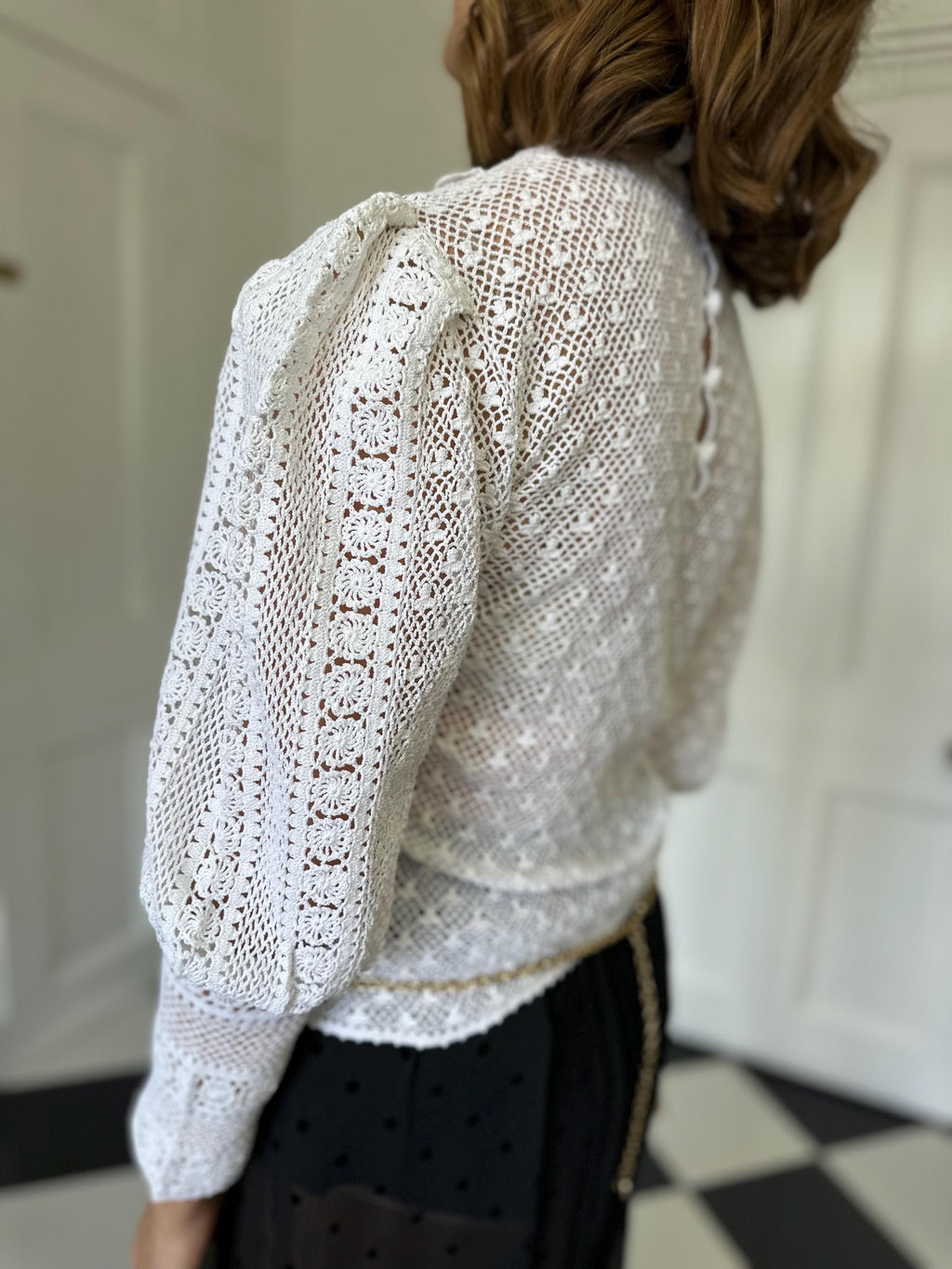 Vintage 1970s hand crochet white  Victorian style mutton sleeve blouse