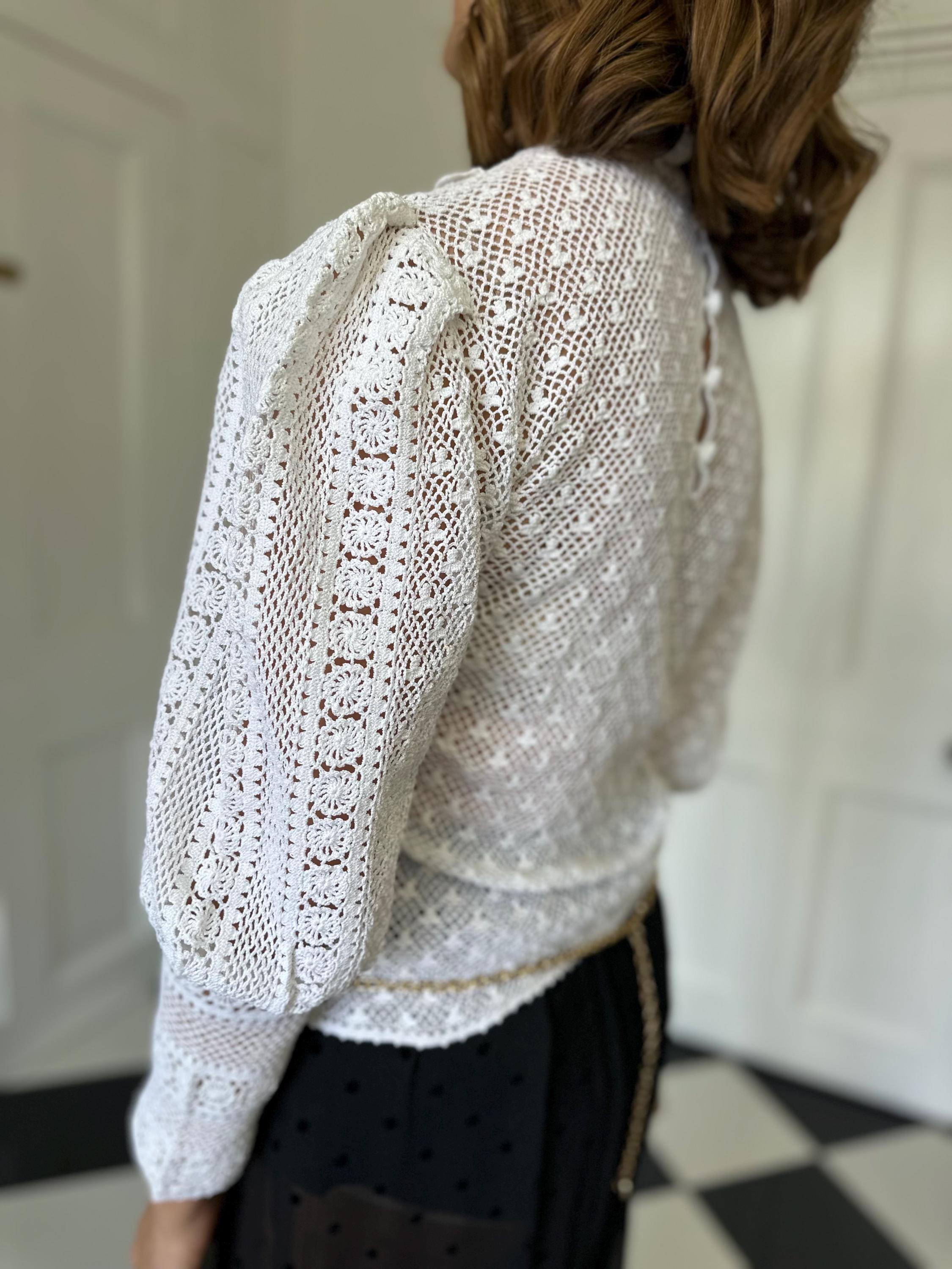 Vintage 1970s hand crochet white  Victorian style mutton sleeve blouse