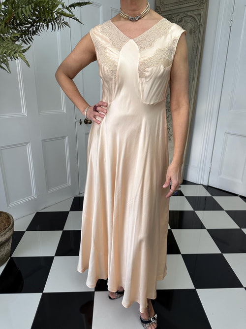 1930s silk and lace long slip dress in peach