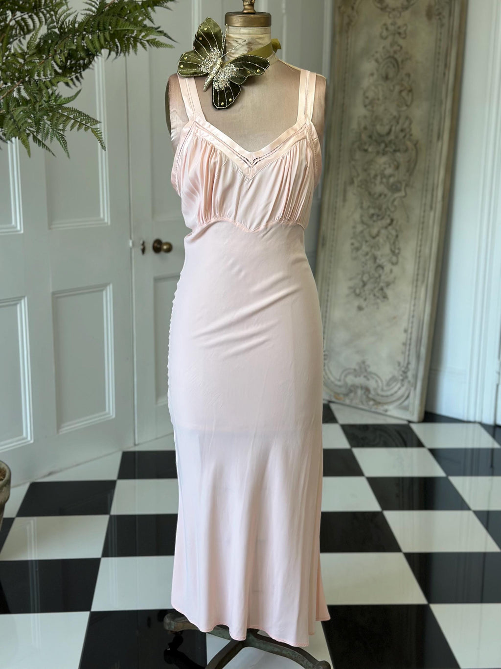 1930s Vintage Long Bias Cut Slip peach Dress by Barbizon