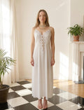 Vintage 1970s  White Silky Slip Gown | Deep V Floral Lace Inset Bridal Nightgown