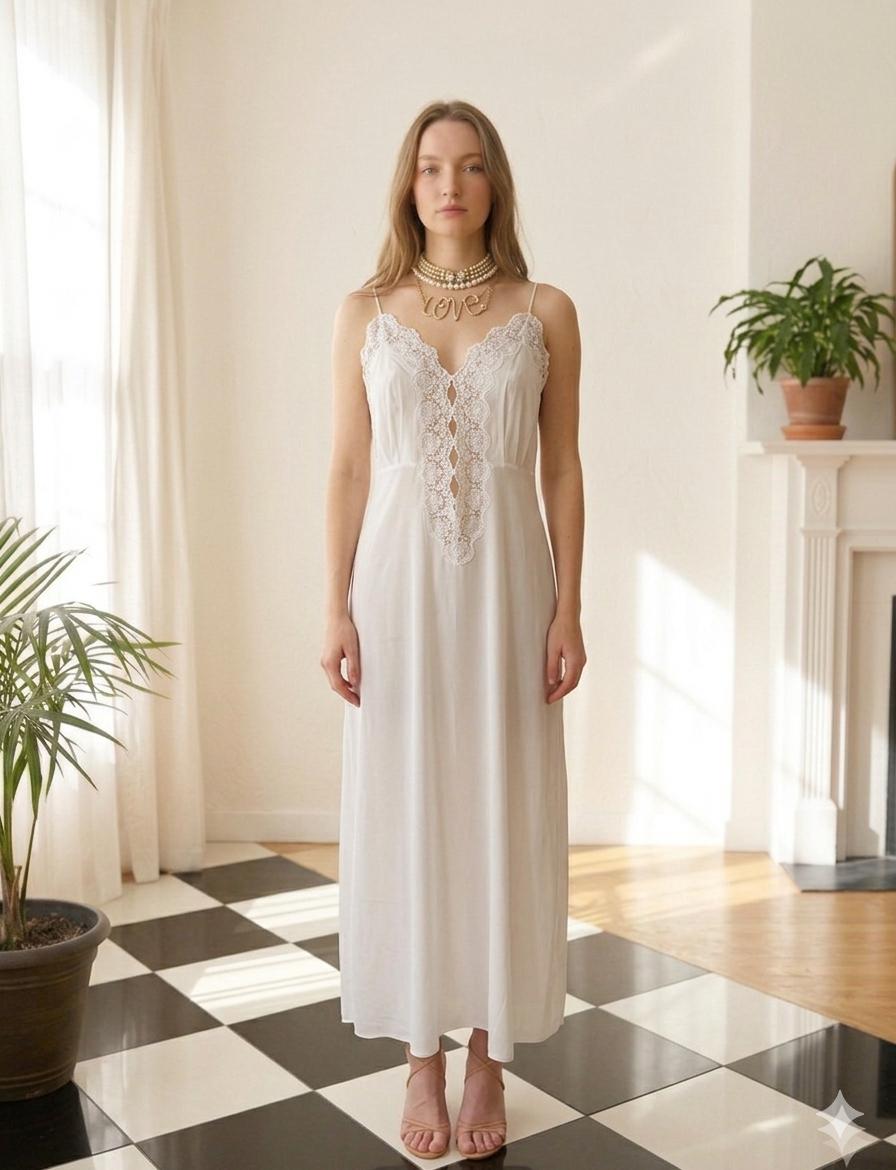 Vintage 1970s  White Silky Slip Gown | Deep V Floral Lace Inset Bridal Nightgown