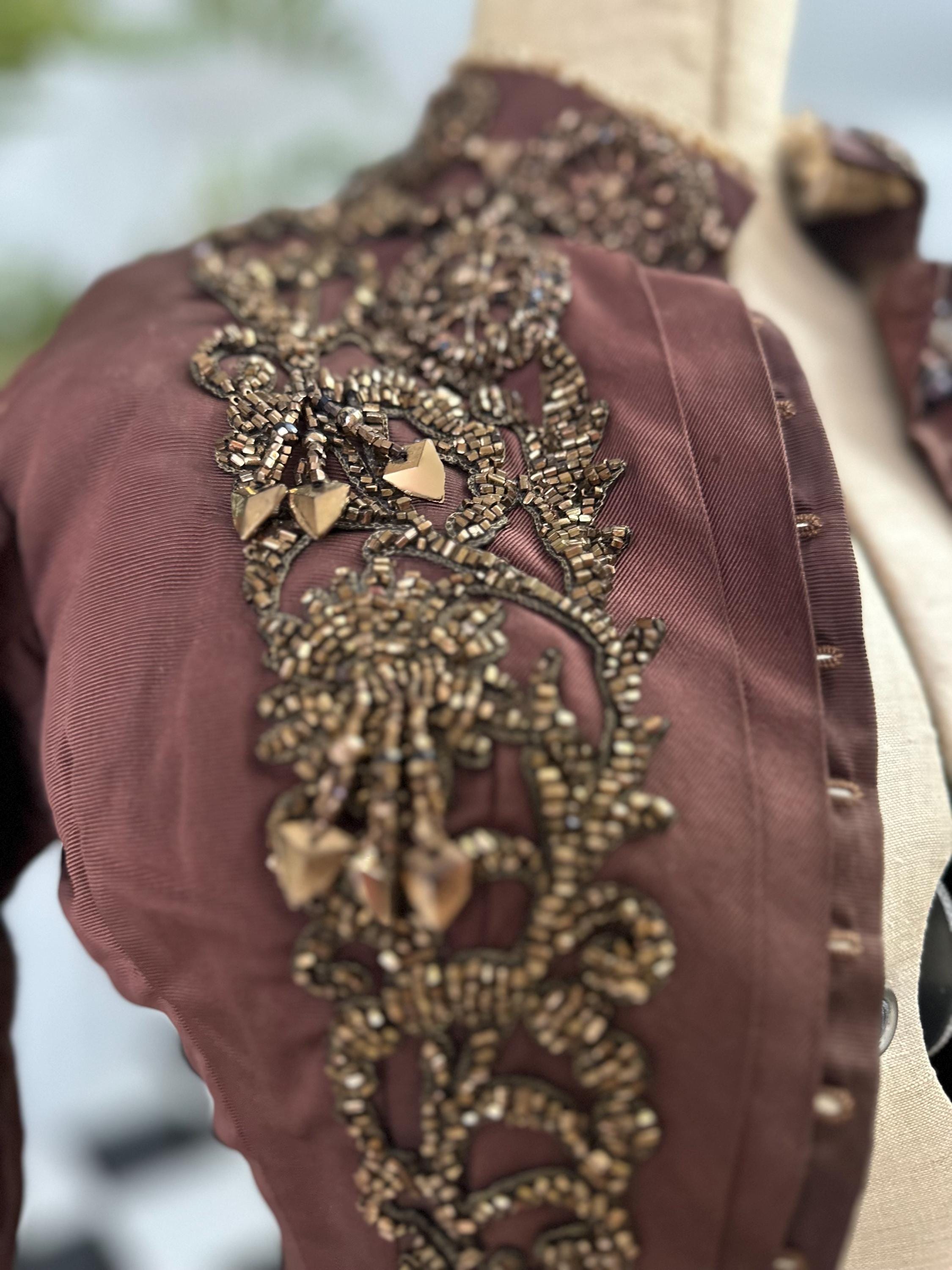 1880s French Silk Bodice: Bronze Brown Glass Beaded Embellishments