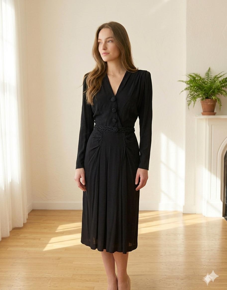 Chic 1940s Black Georgette Dress Embroidered Buttons and Matching Belt set