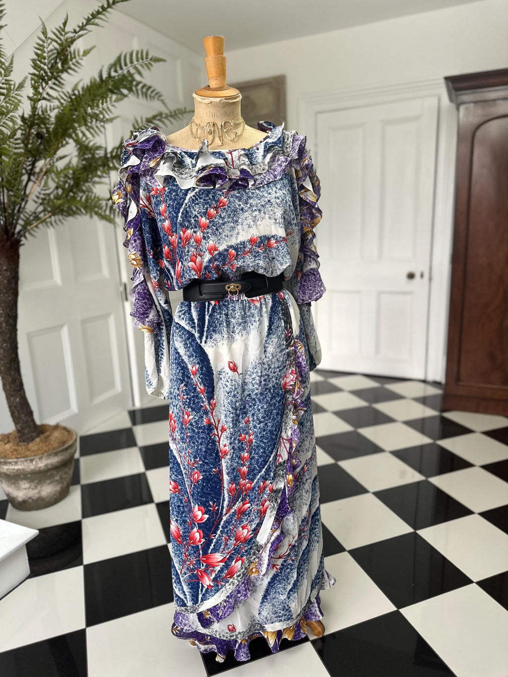 Vintage 1980s Diane Freis floral frilly Georgette maxi dress