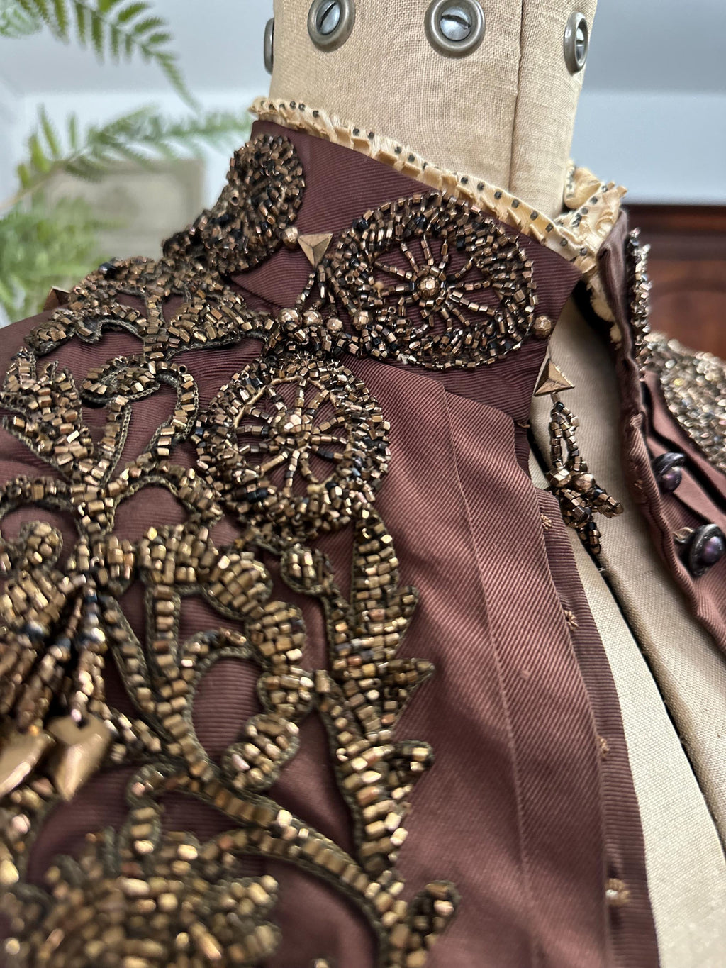 1880s French Silk Bodice: Bronze Brown Glass Beaded Embellishments