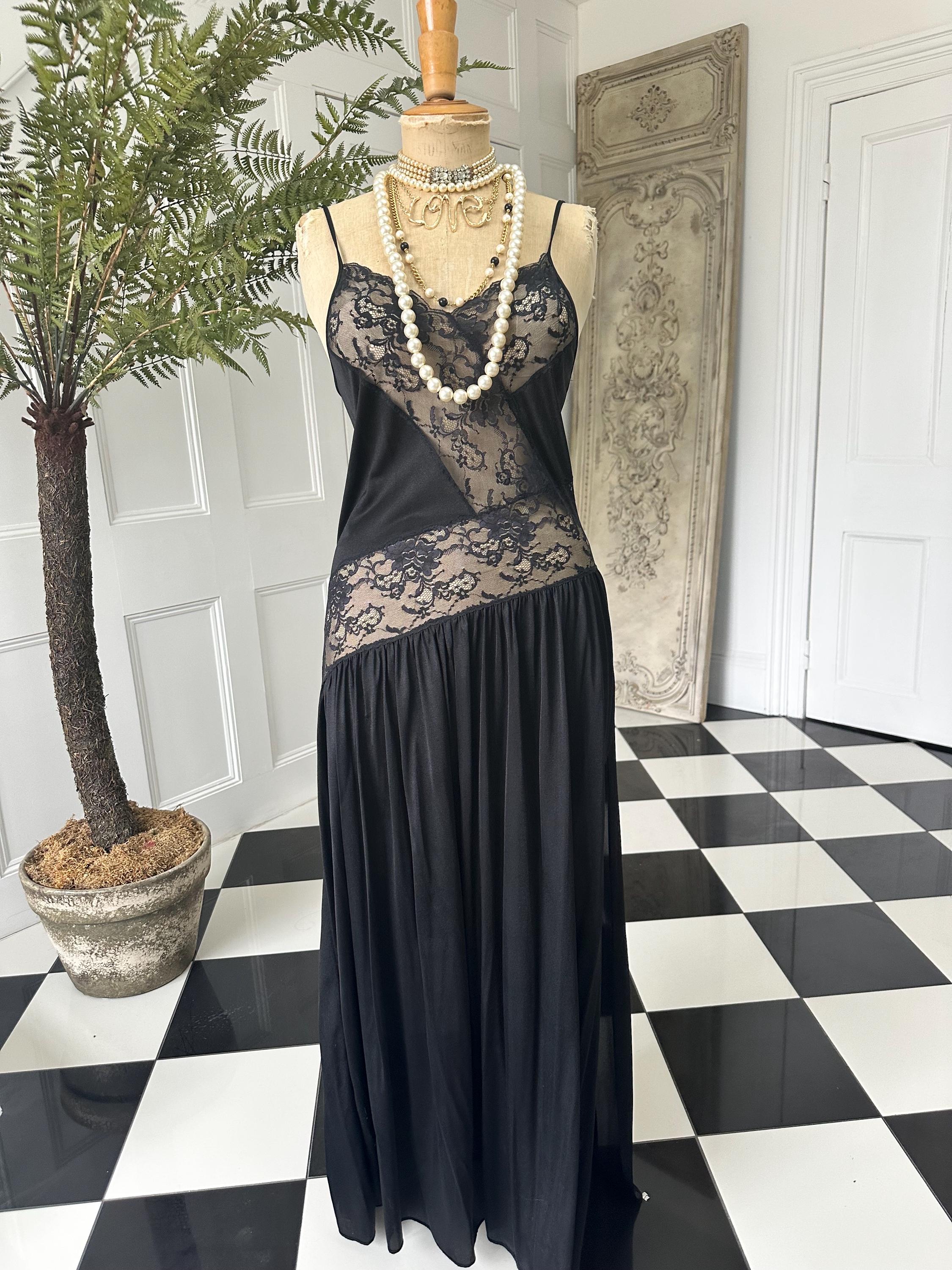 Vintage 1950 black lace slip dress lingerie