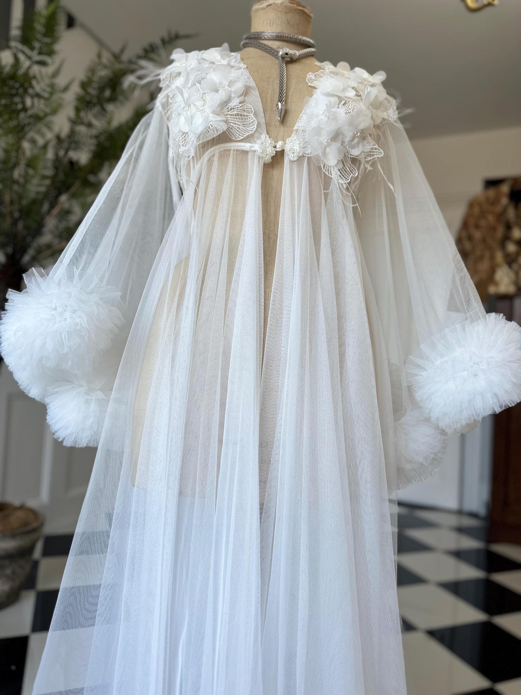 The Aurelia applique 3D floral tulle couture robe with voluminous ruffle sleeves