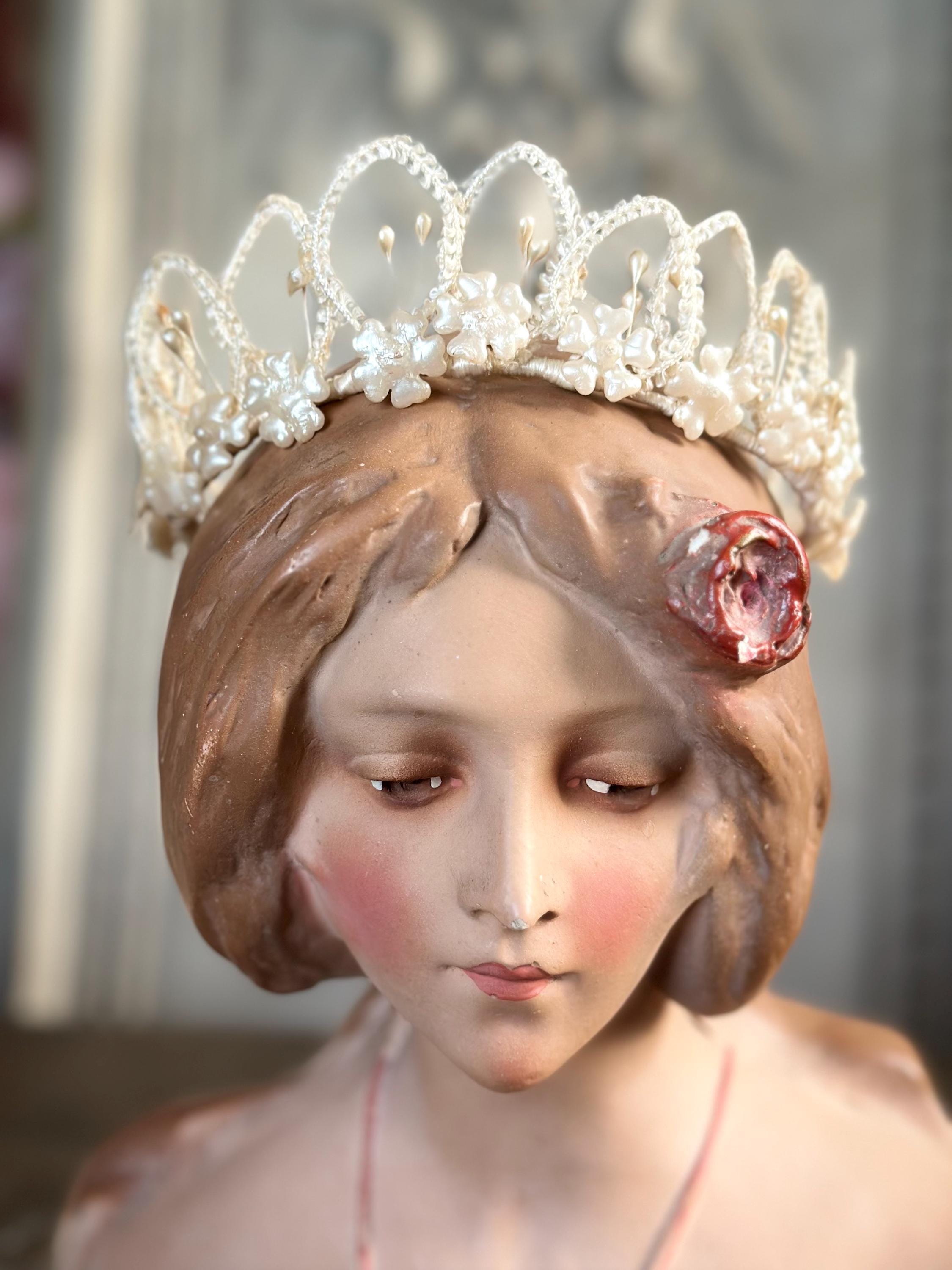 Antique 1950s  Floral Wax with ribbon tiara crown