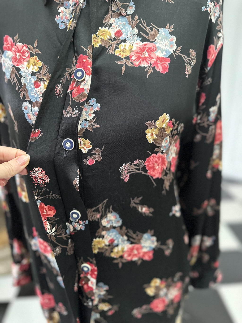 1980s Satin Black Floral Long Sleeve Blouse Vintage Chic
