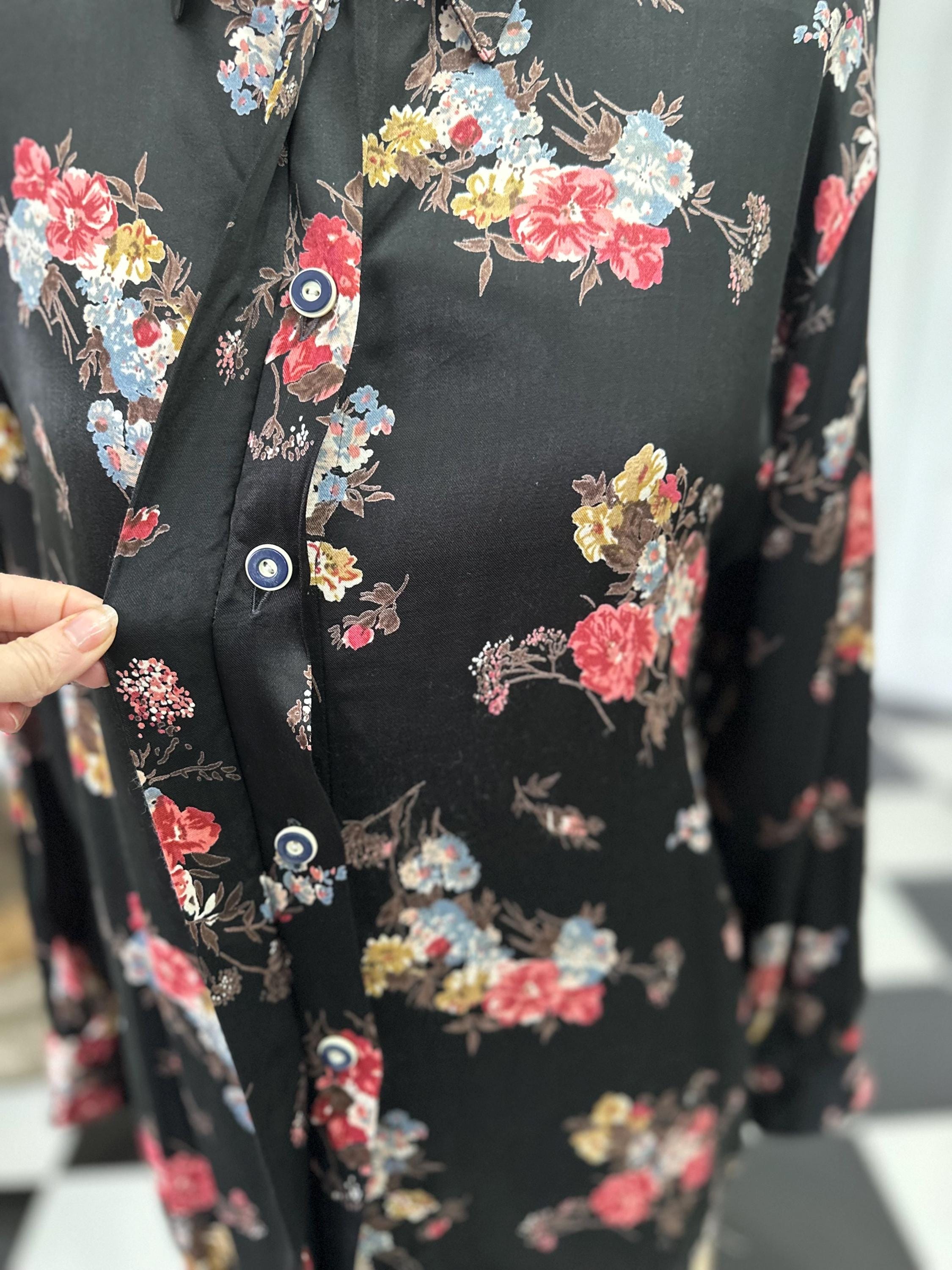 1980s Satin Black Floral Long Sleeve Blouse Vintage Chic