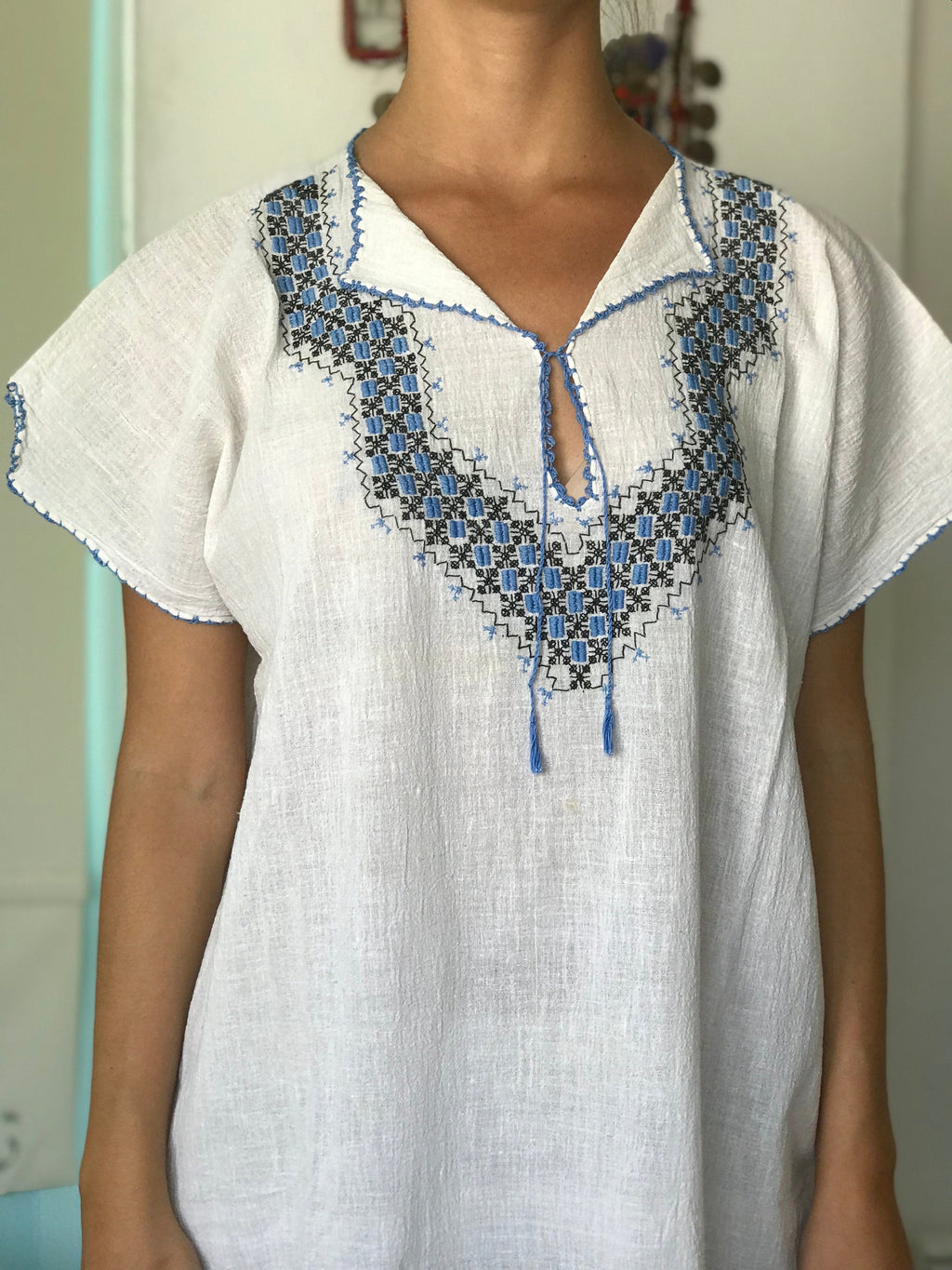 1970s hand loomed boho style  muslin dress with hand embroidered to the front