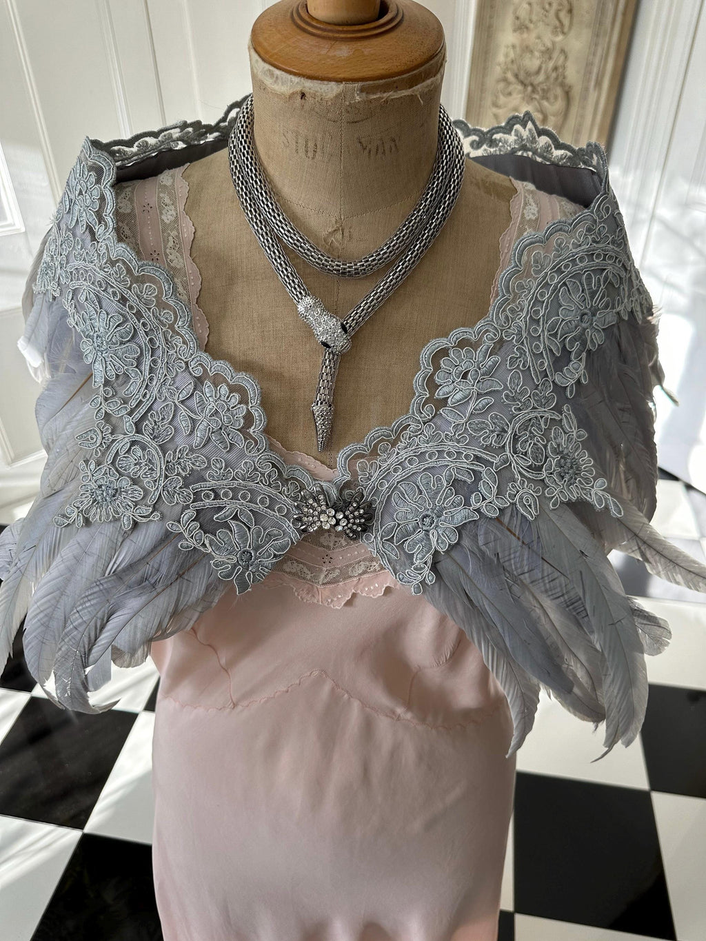 1920s 1930s Vintage style grey feather and lace cape bolero