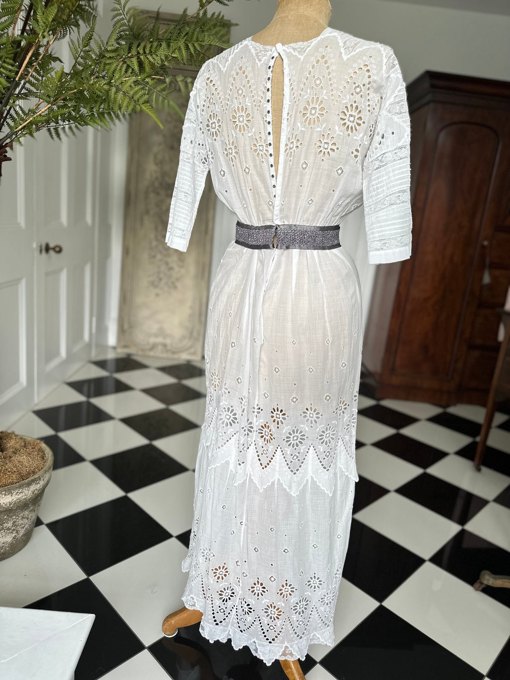 Antique Edwardian white broderie anglaise cotton lawn dress hand embroidered details.