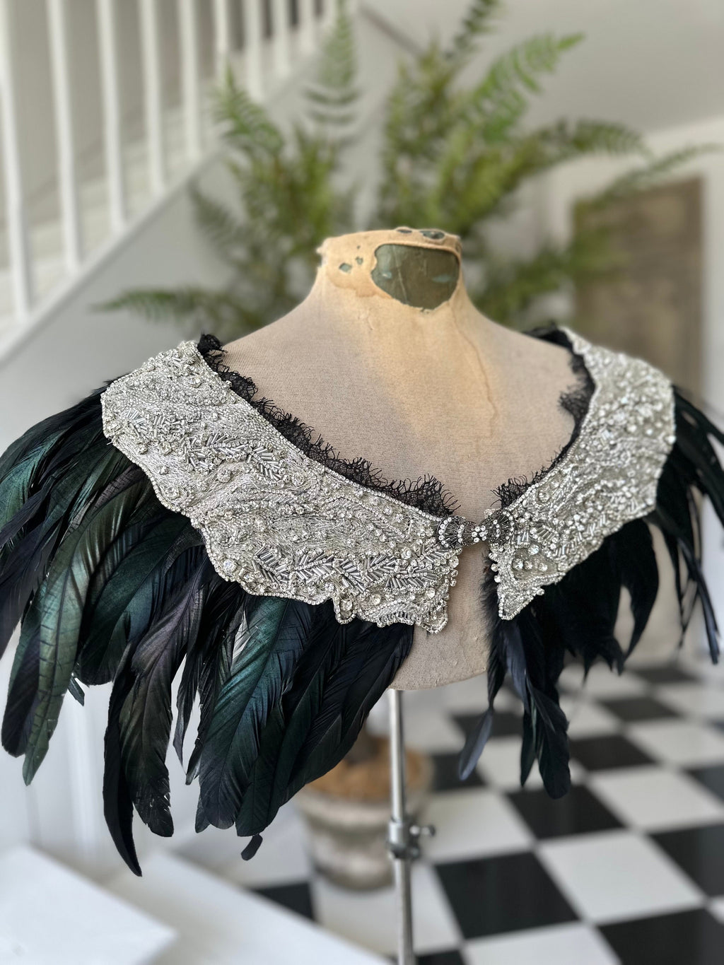 1920s 1930s vintage style feather cape with embellished and dark green cape shawl